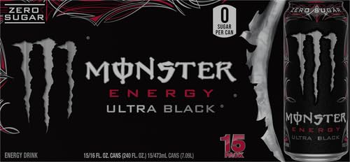 Monster Ultra Black label visible, zero sugar option for mindful consumption.