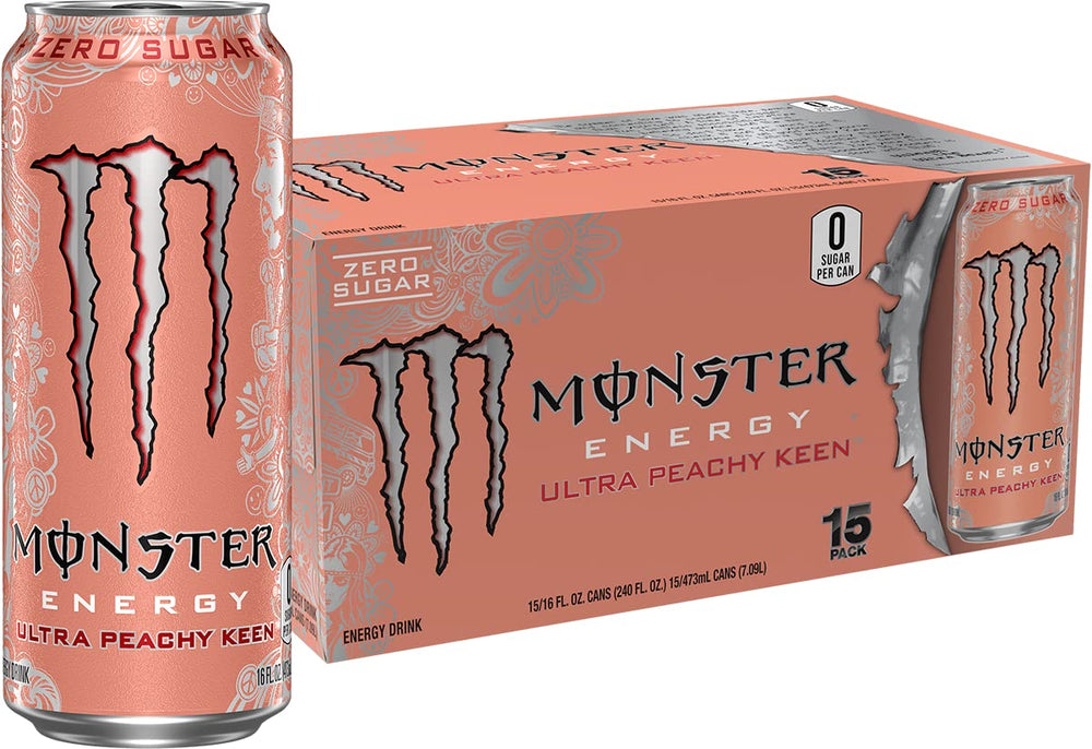 Monster Ultra Peachy Keen can front view, zero sugar and refreshing peach flavor.