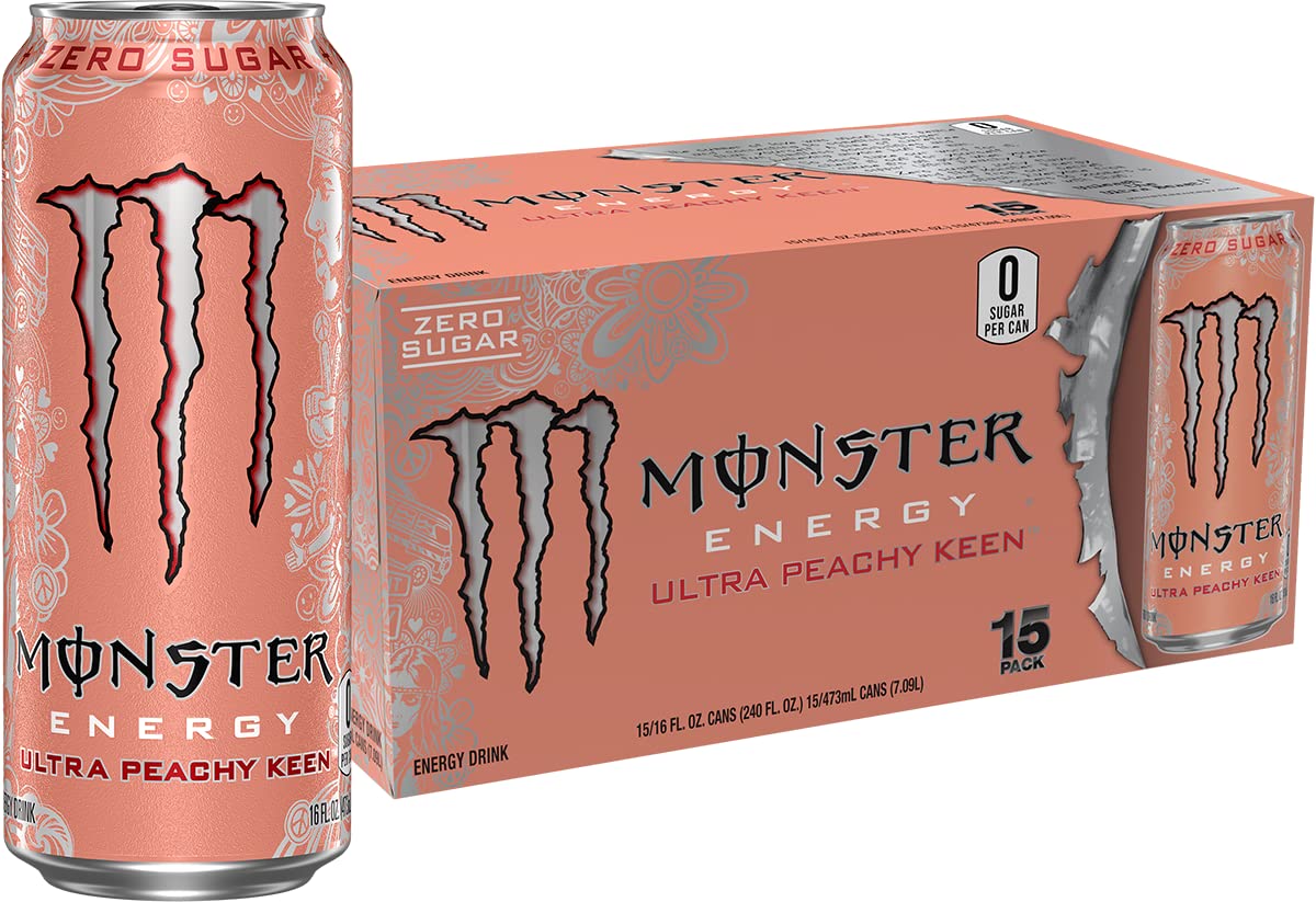 Monster Ultra Peachy Keen can front view, zero sugar and refreshing peach flavor.