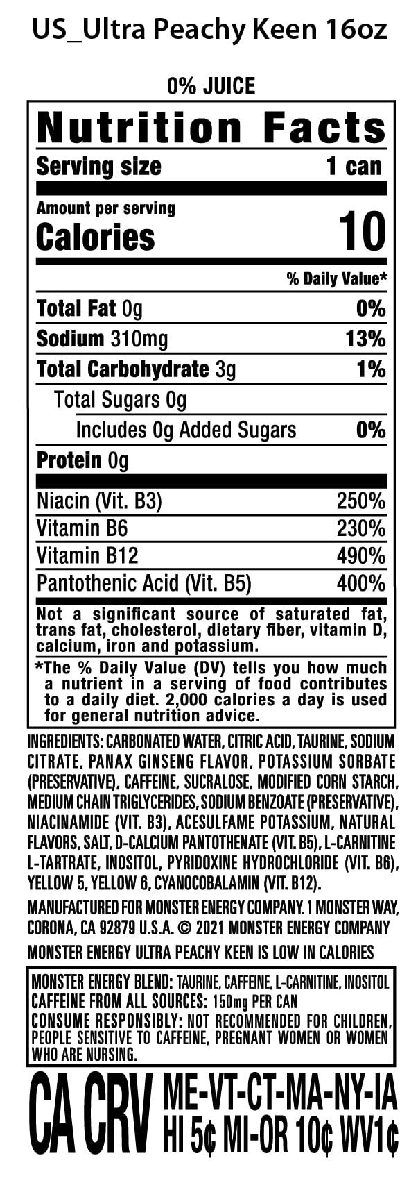 Close-up on Monster Ultra Peachy Keen label highlighting sugar-free formula.