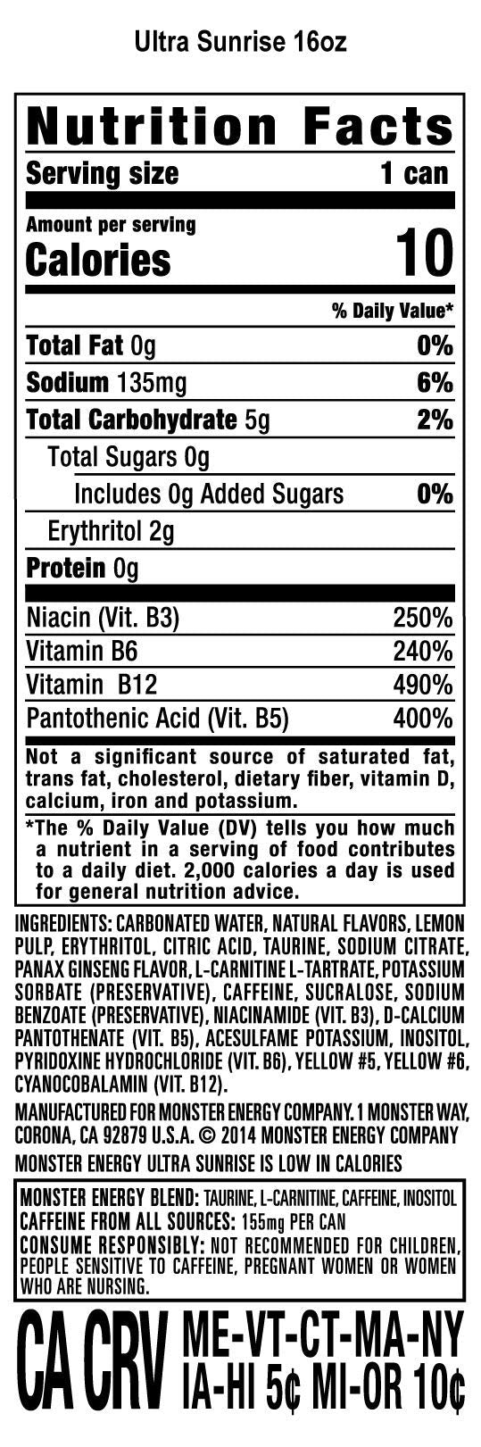 Monster Ultra Sunrise bottle angled to showcase refreshing citrus energy
