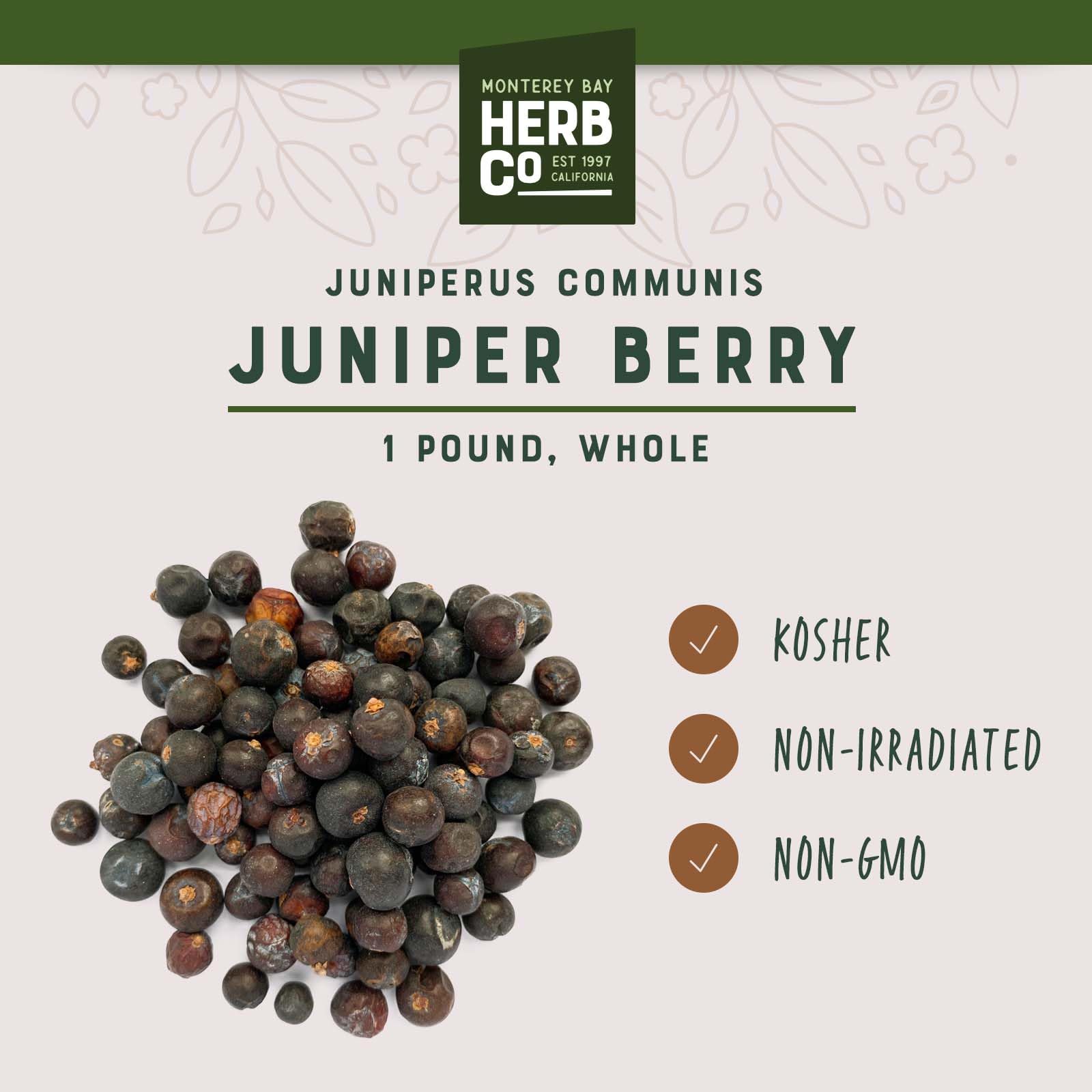 MONTEREY BAY HERB CO Juniper berries close-up crushed, piney aroma release