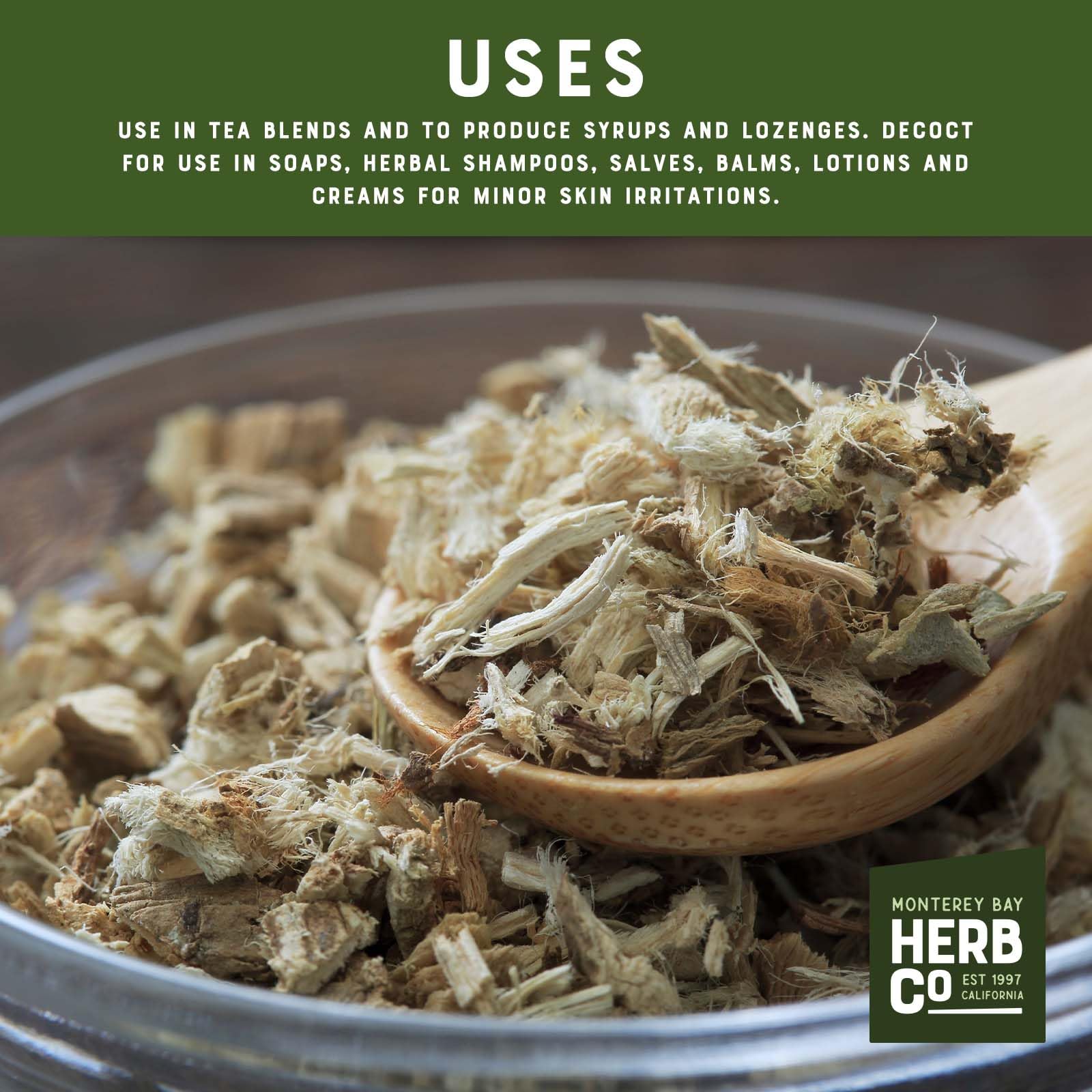 Monterey Bay Herb Co marshmallow root for syrups and lozenges, pleasant aroma.