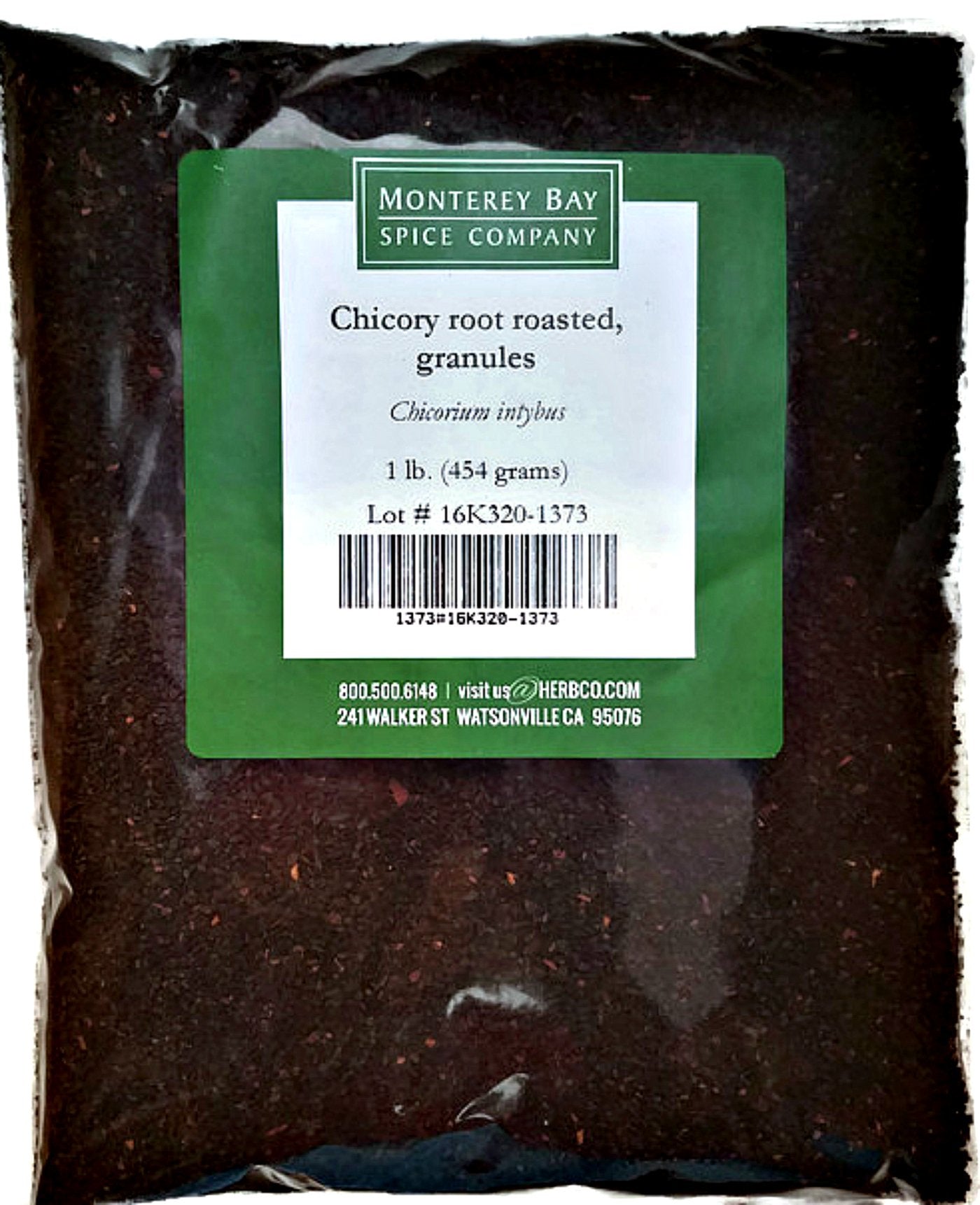 MONTEREY BAY HERB CO roasted chicory root bag for bold, caffeine-free beverages.