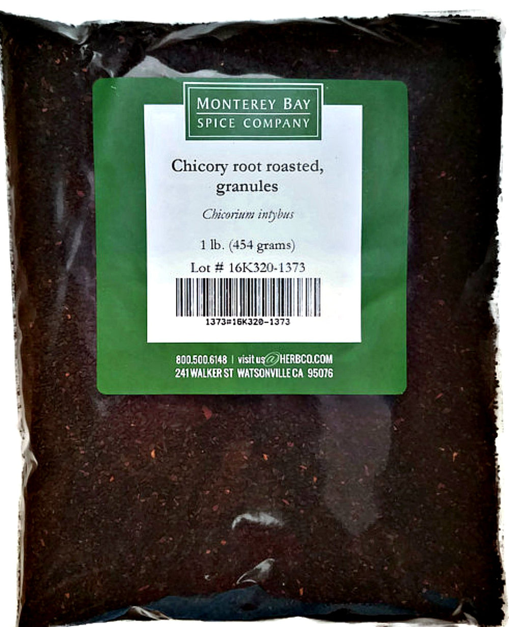 MONTEREY BAY HERB CO roasted chicory root bag for bold, caffeine-free beverages.