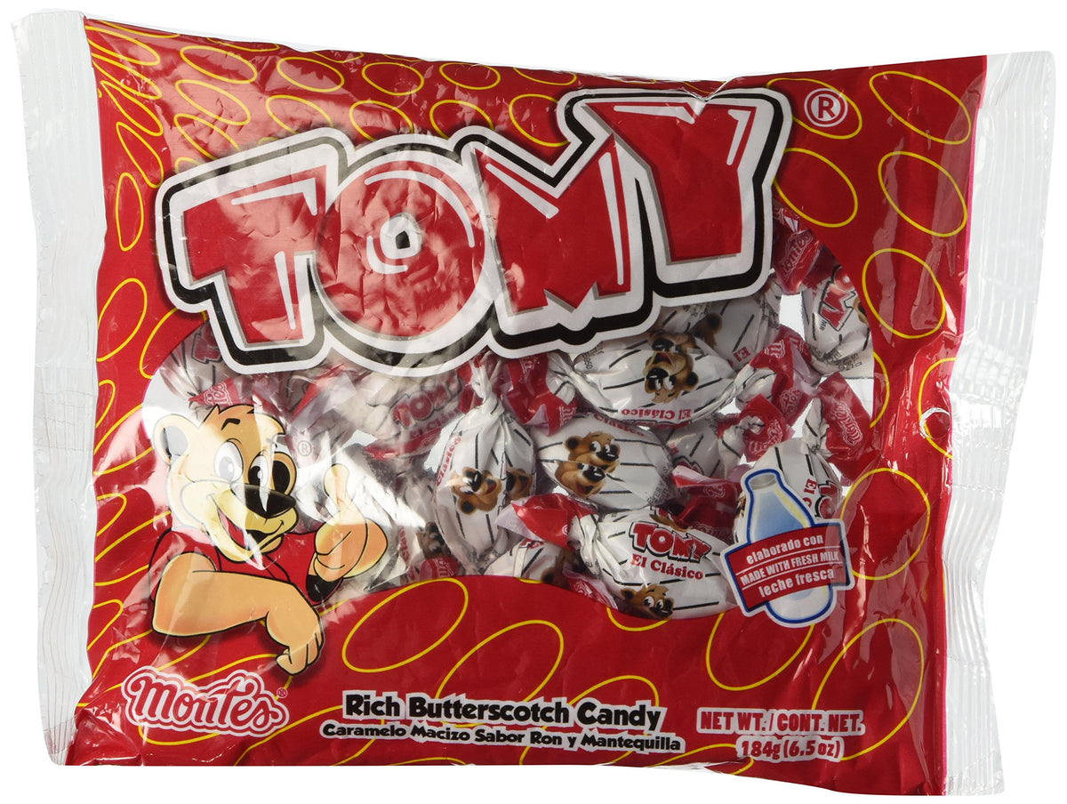 Montes Tomy rich butterscotch hard candy pack showing premium quality and shareability
