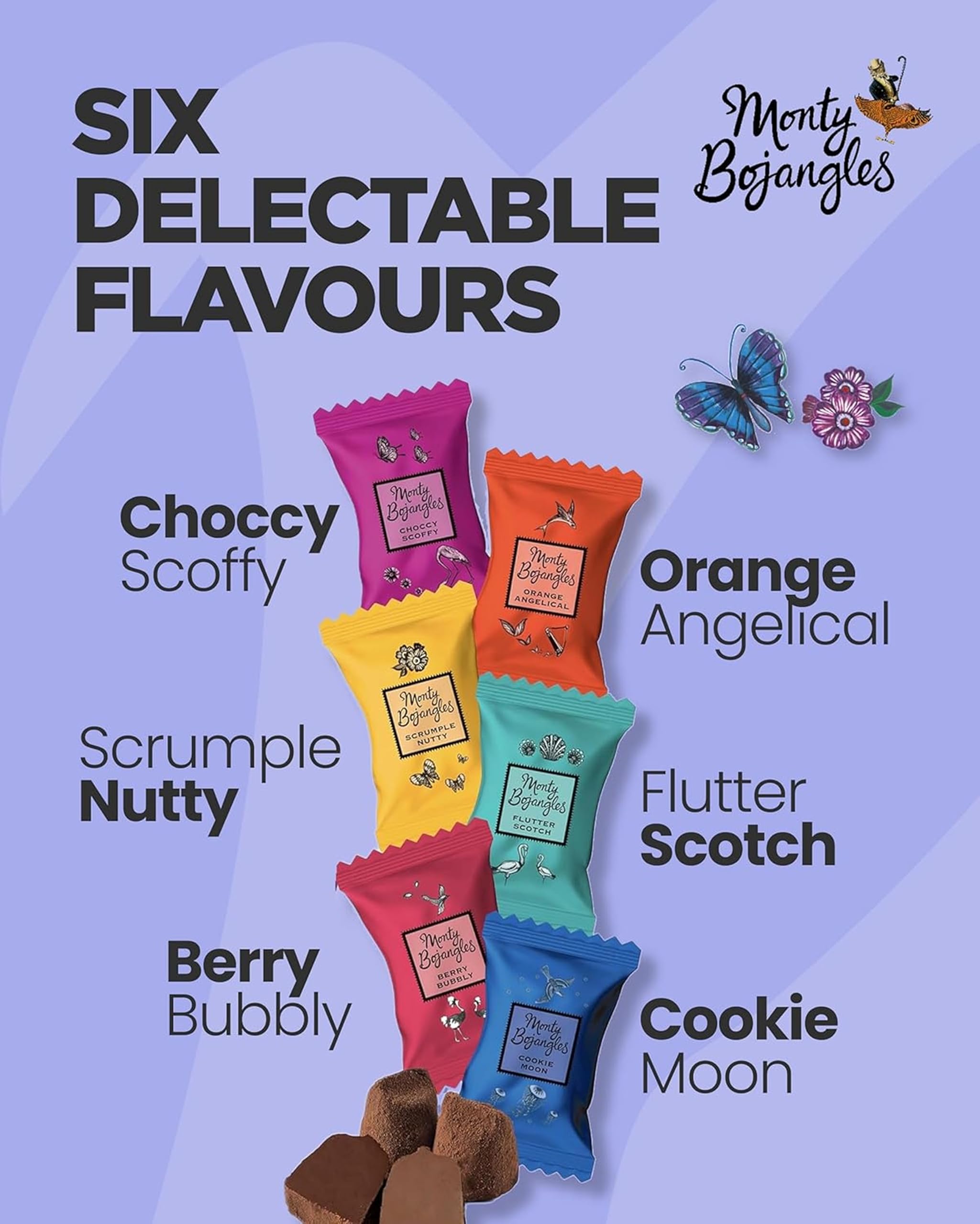 Monty Bojangles Berry Bubbly truffle, bright fruit notes with a light cocoa dust.