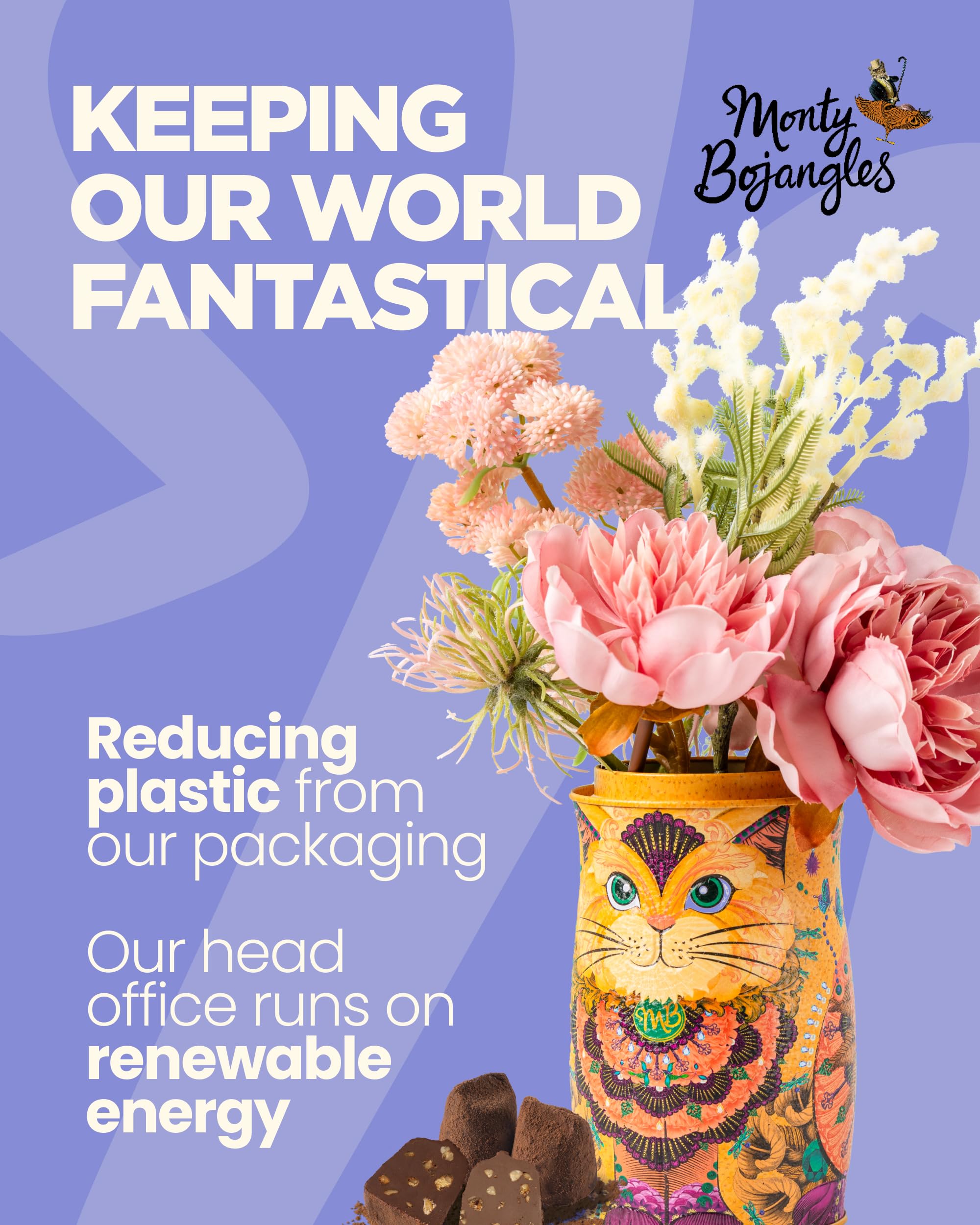 Monty Bojangles cat tin artwork adds whimsy to dessert gifting.