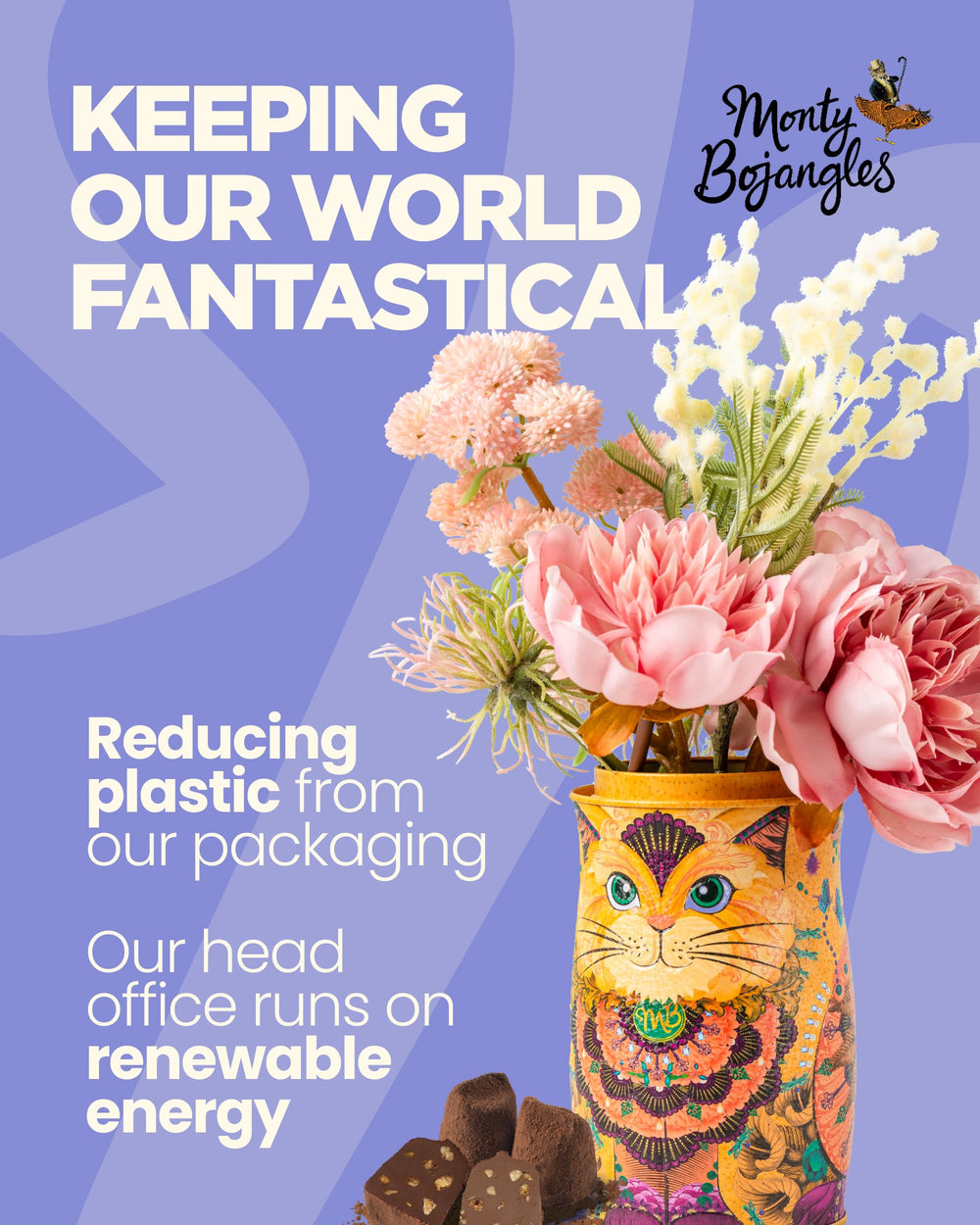 Monty Bojangles cat tin artwork adds whimsy to dessert gifting.