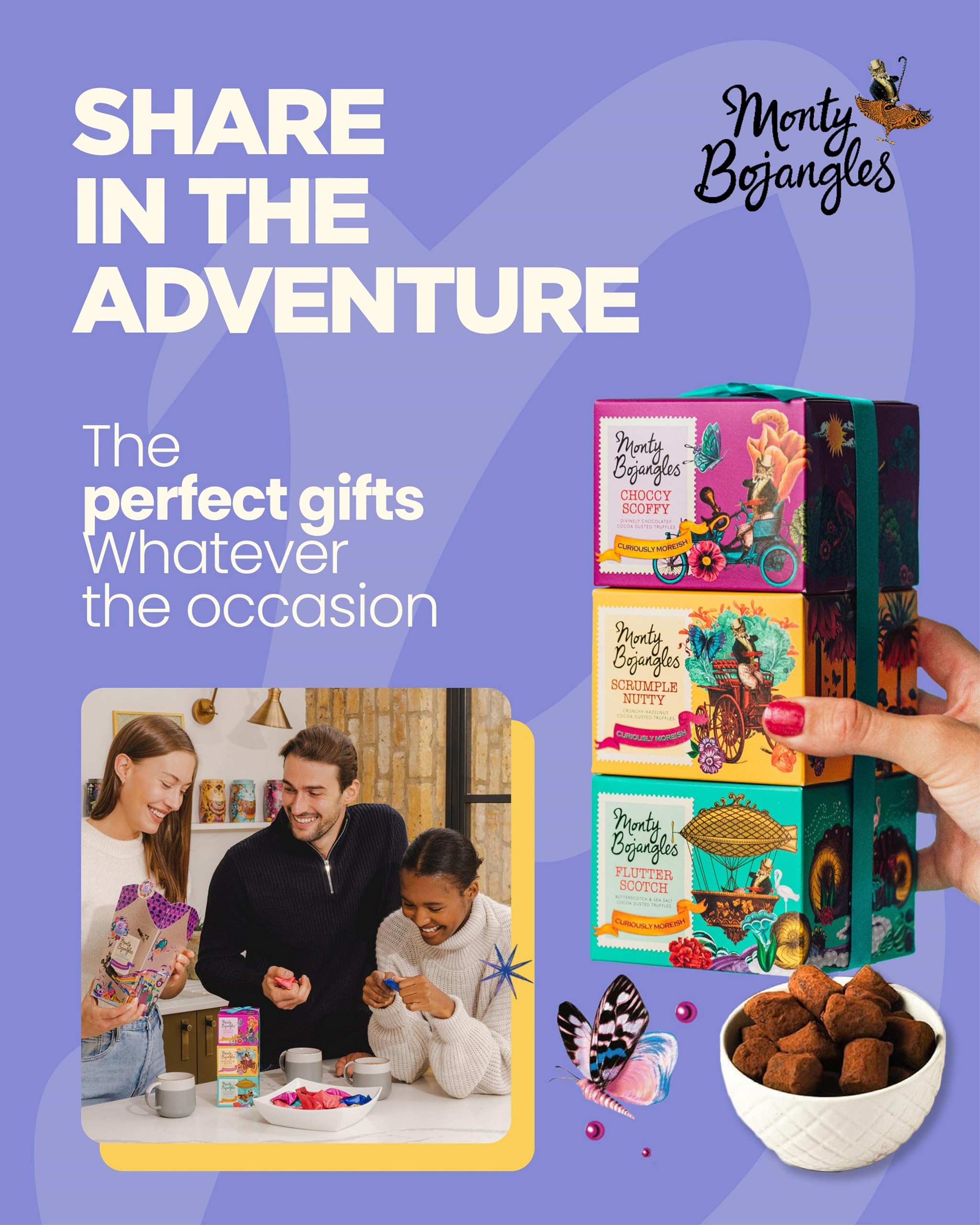 Monty Bojangles Choccy Scoffy truffle delivers rich chocolate flavor for indulgent snacking.