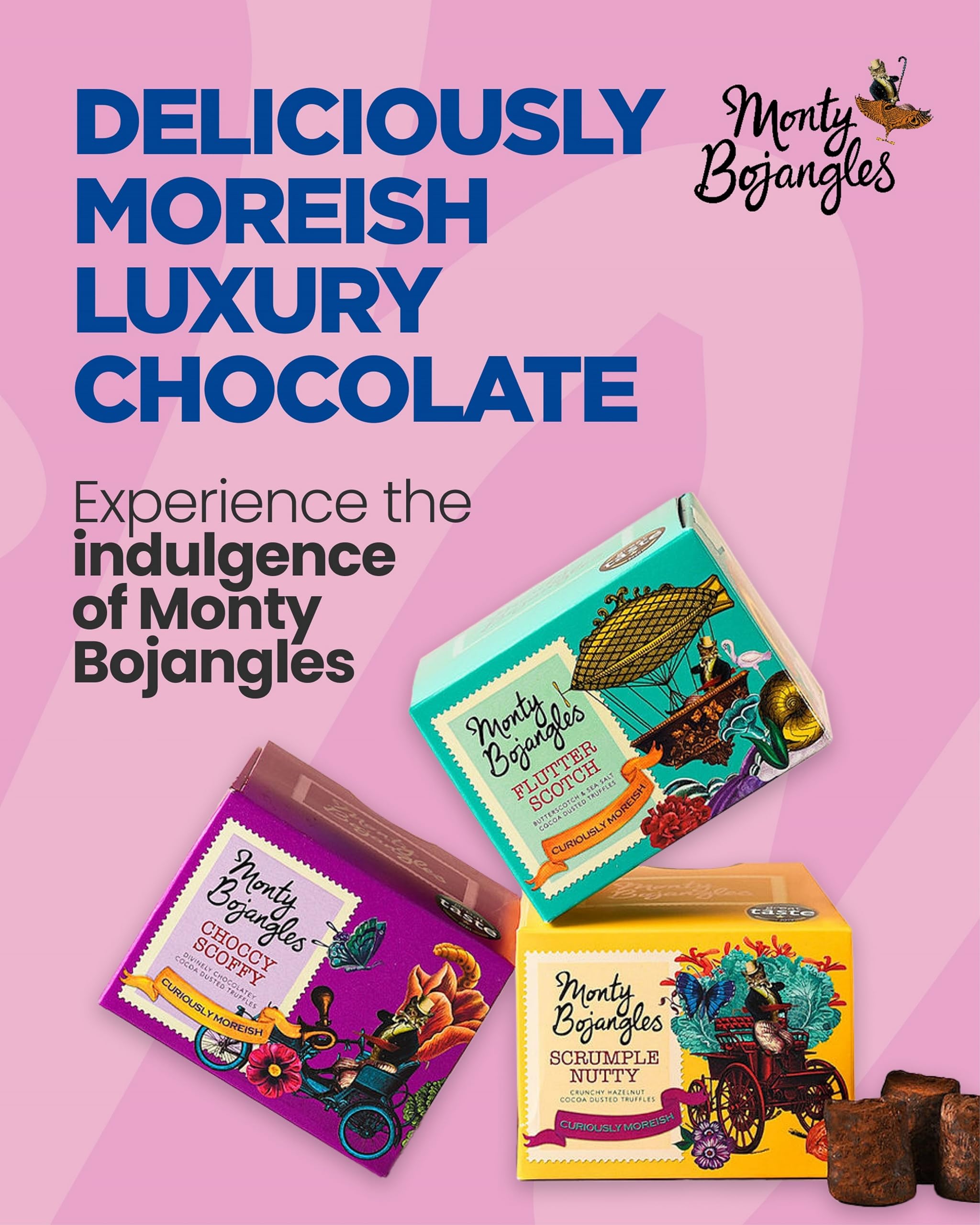 Monty Bojangles Scrumple Nutty truffle blends praline crunch with smooth chocolate.