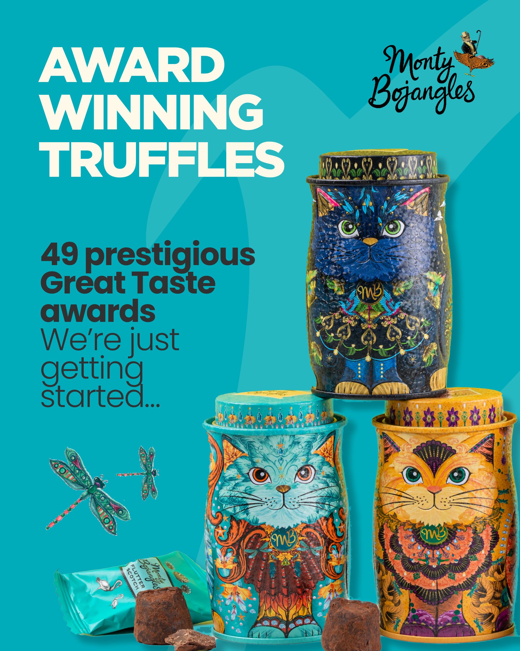 Monty Bojangles Spirit Blue Cat Tin open reveals glossy chocolate truffles.