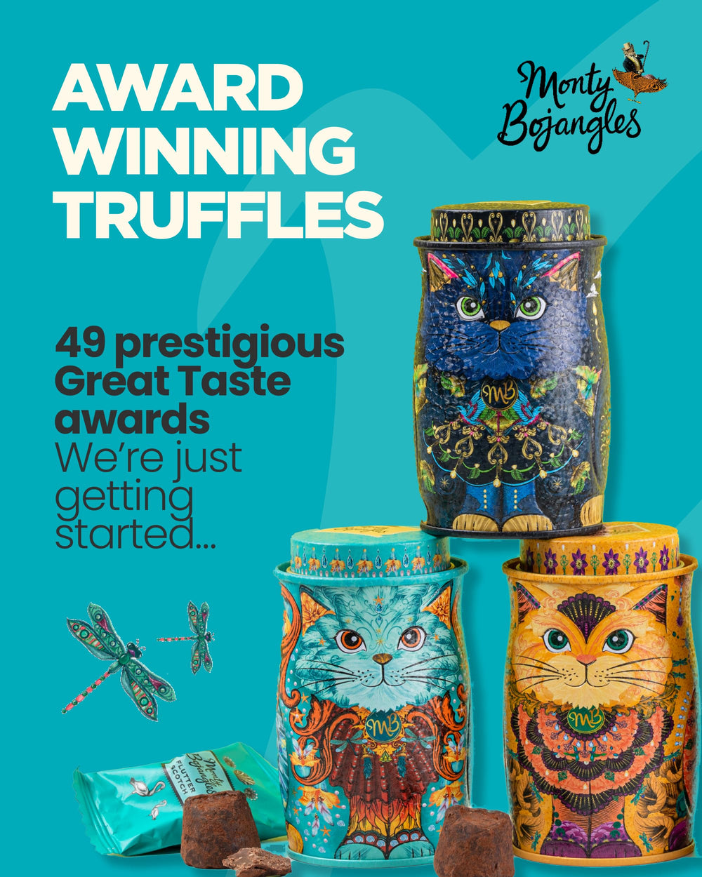 Monty Bojangles Spirit Blue Cat Tin open reveals glossy chocolate truffles.