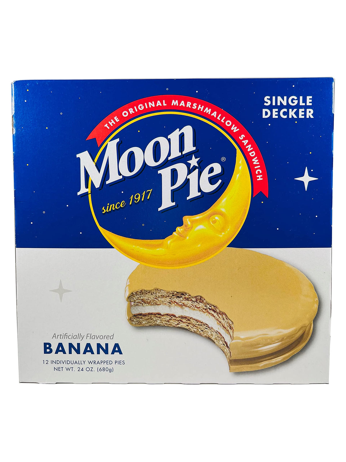 Moon Pie banana single-decker marshmallow sandwich, perfect for on-the-go snacking.
