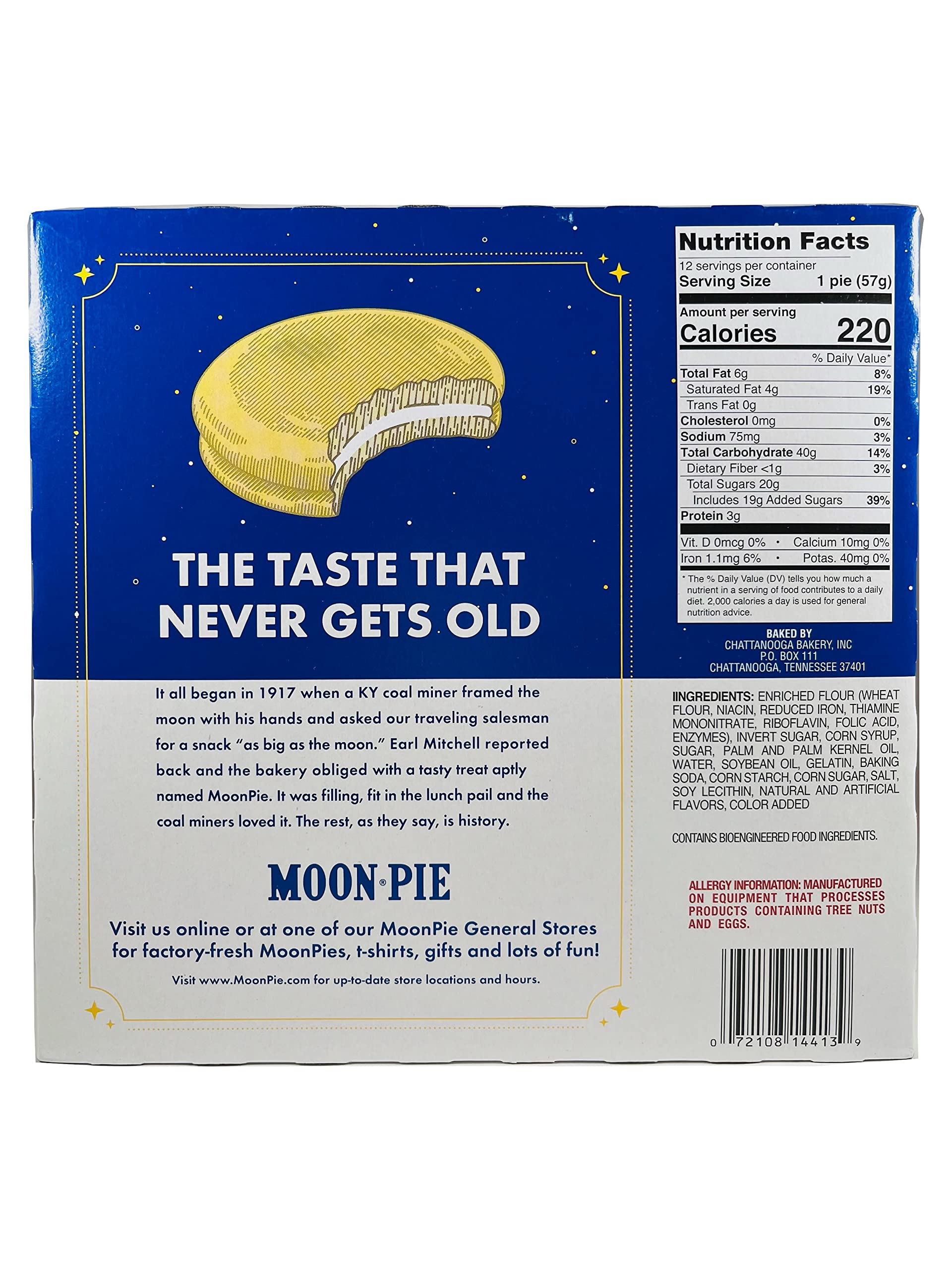 Moon Pie original marshmallow sandwich with banana coating, ideal lunchbox treat.