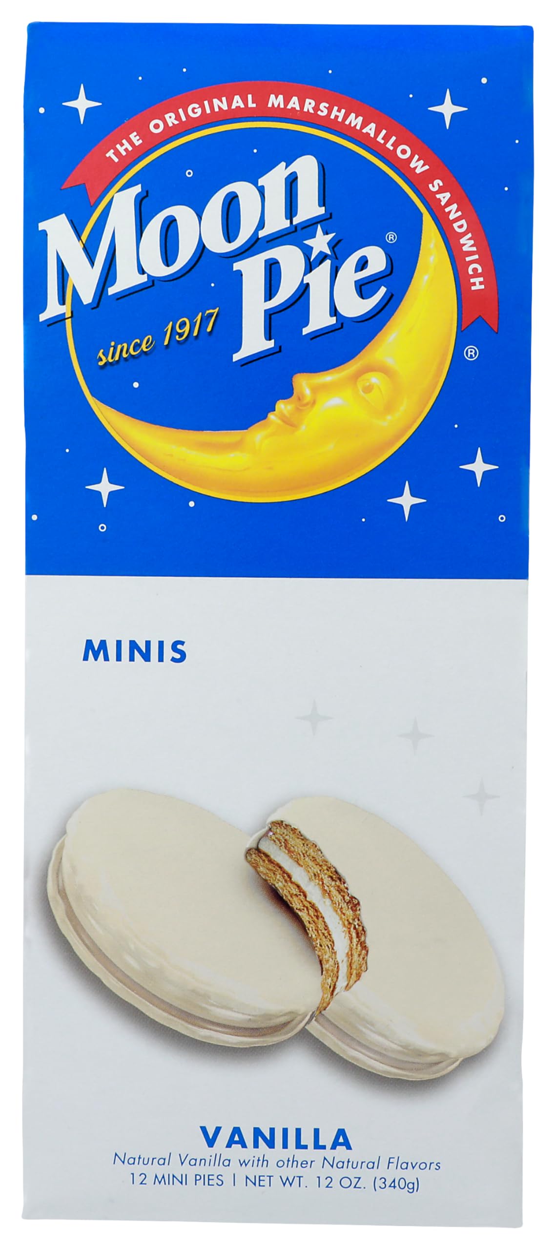 Moon Pie Mini Vanilla packaging shows fresh, individually wrapped snacks for on-the-go.