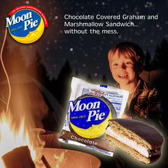 Moon Pie Minis original chocolate flavor close-up, a classic graham cracker and marshmallow bite for snack time.
