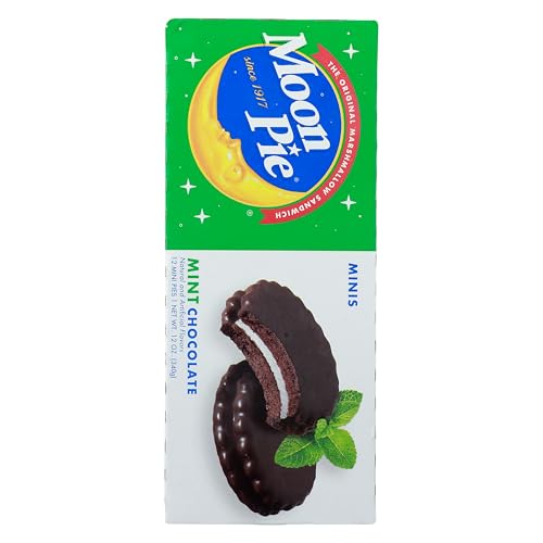 Moon Pie Mint Chocolate Minis cross-section reveals creamy marshmallow core and dark shell.