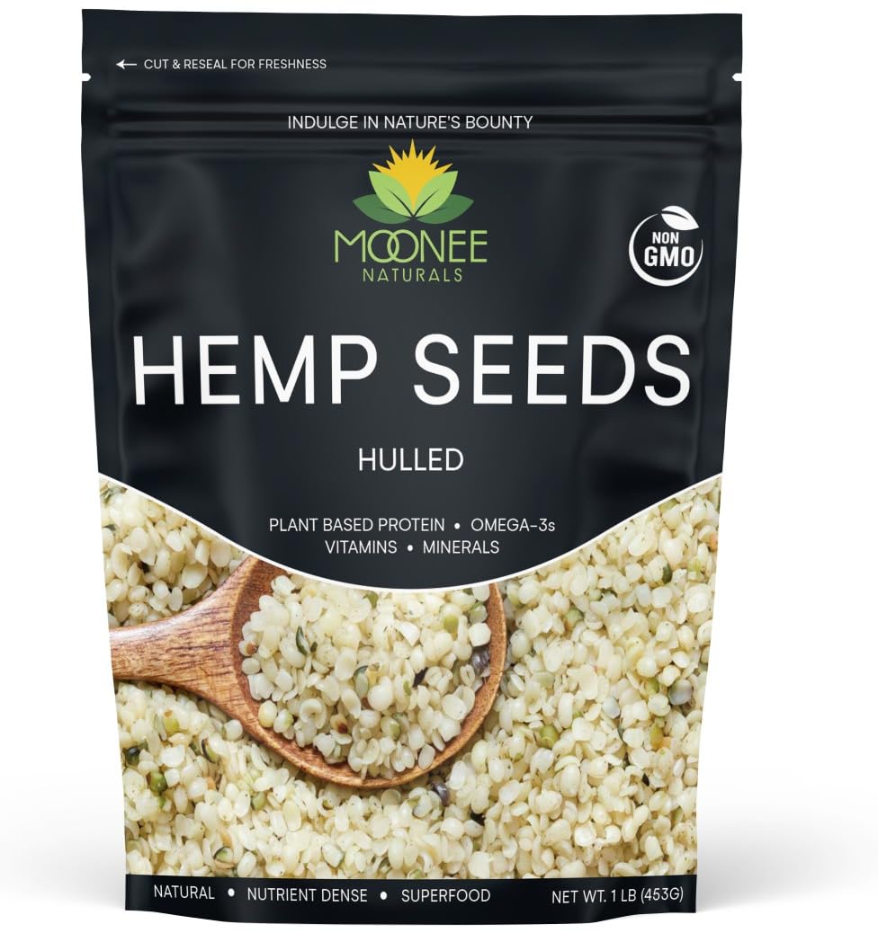 Moonee Naturals Hemp Seeds 16oz pack for versatile protein-rich pantry use.