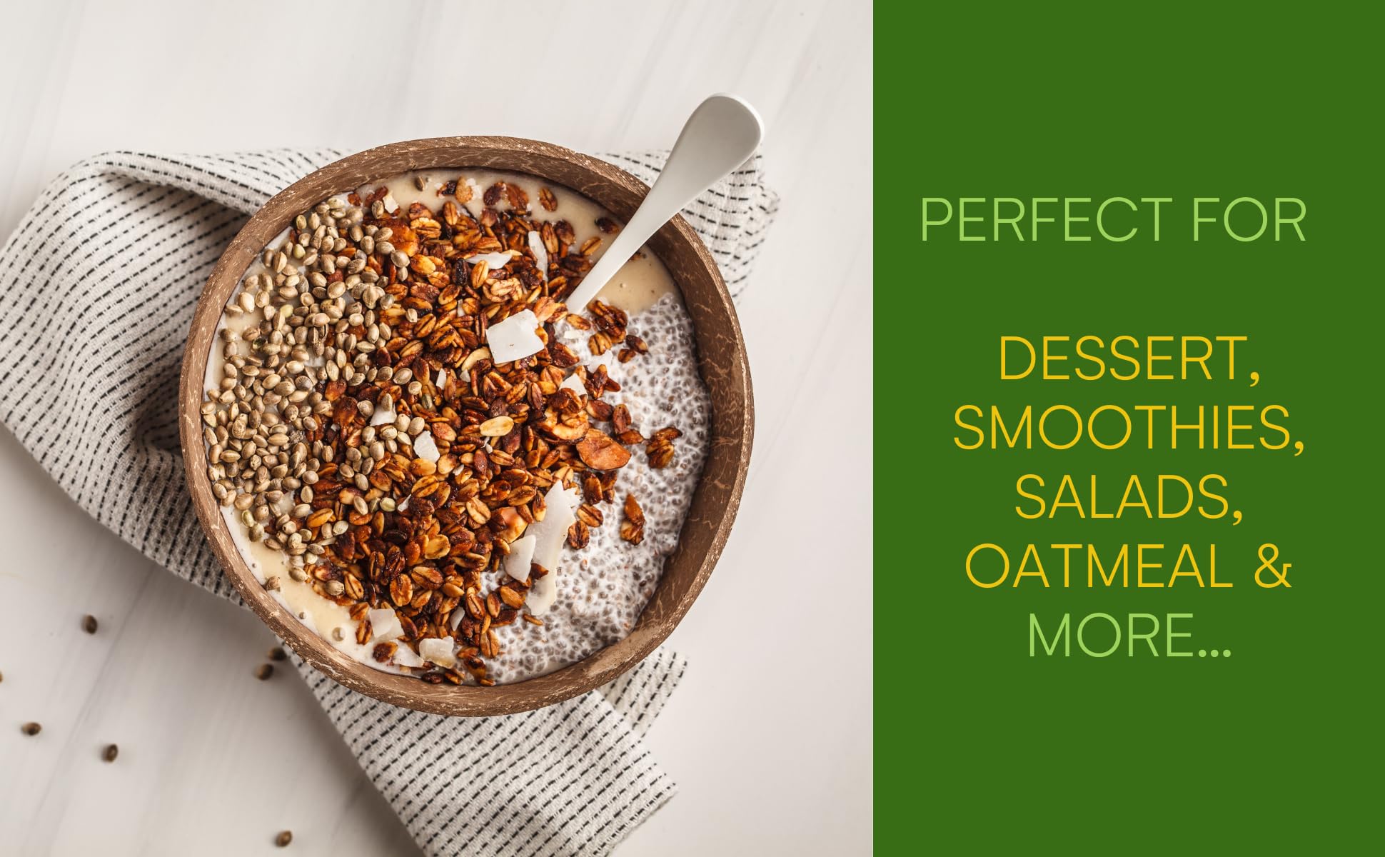 Moonee Naturals Hemp Seeds on salad offer nutty flavor and protein boost.