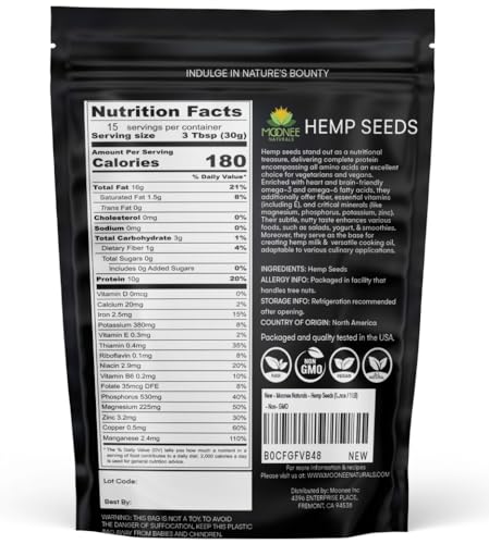Moonee Naturals hulled hemp seeds closeup highlight delicate texture for healthy breakfasts.