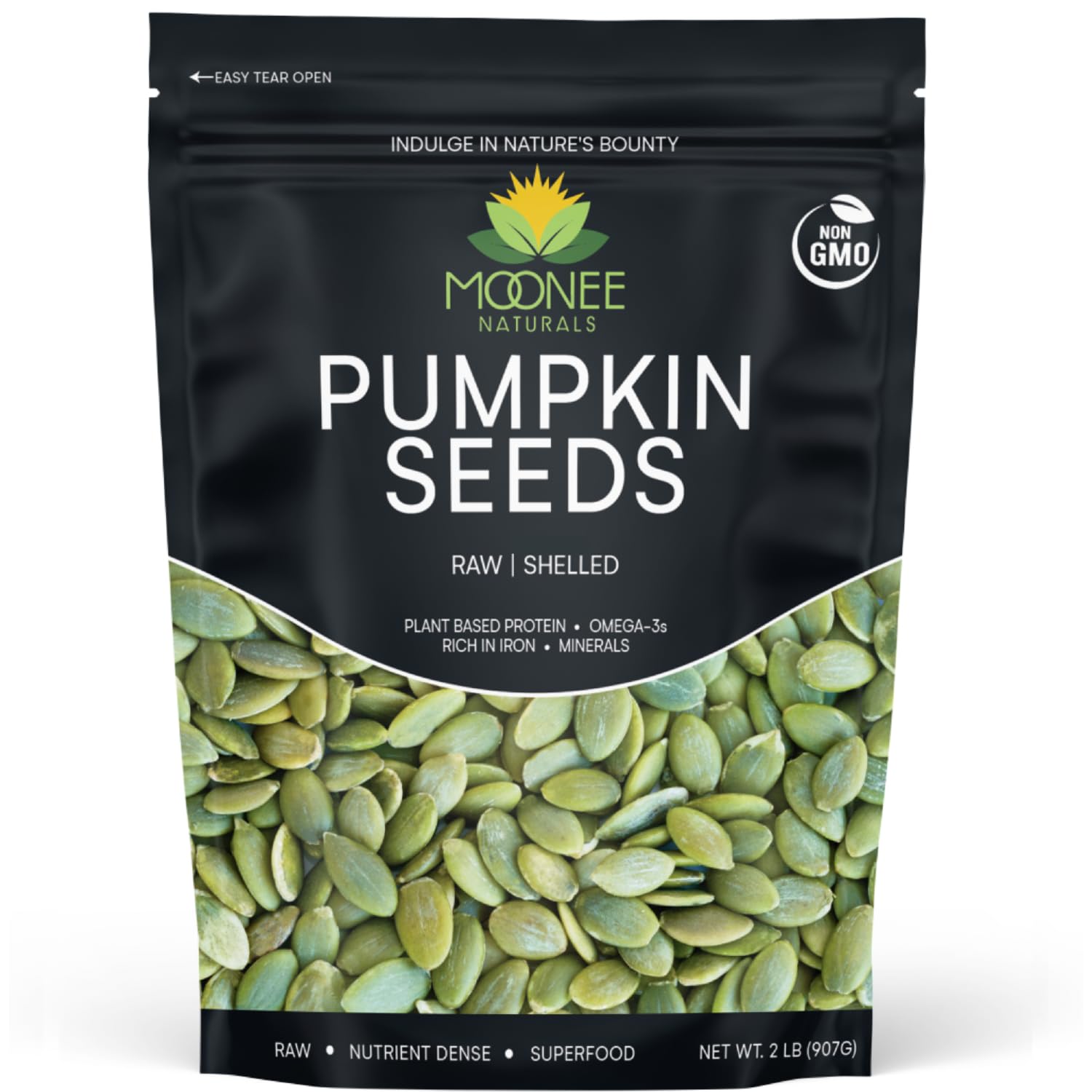 Moonee Naturals pumpkin seeds packaging with non-GMO label for pantry staple.