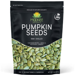 Moonee Naturals pumpkin seeds packaging with non-GMO label for pantry staple.