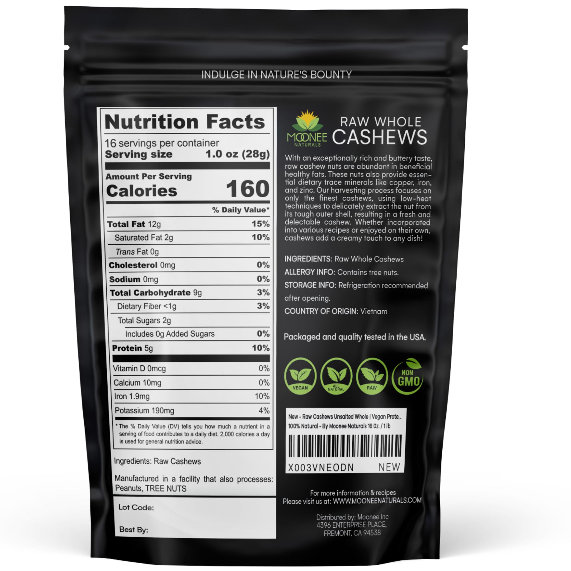 Moonee Naturals unsalted cashews bulk 1lb for keto-friendly snacks