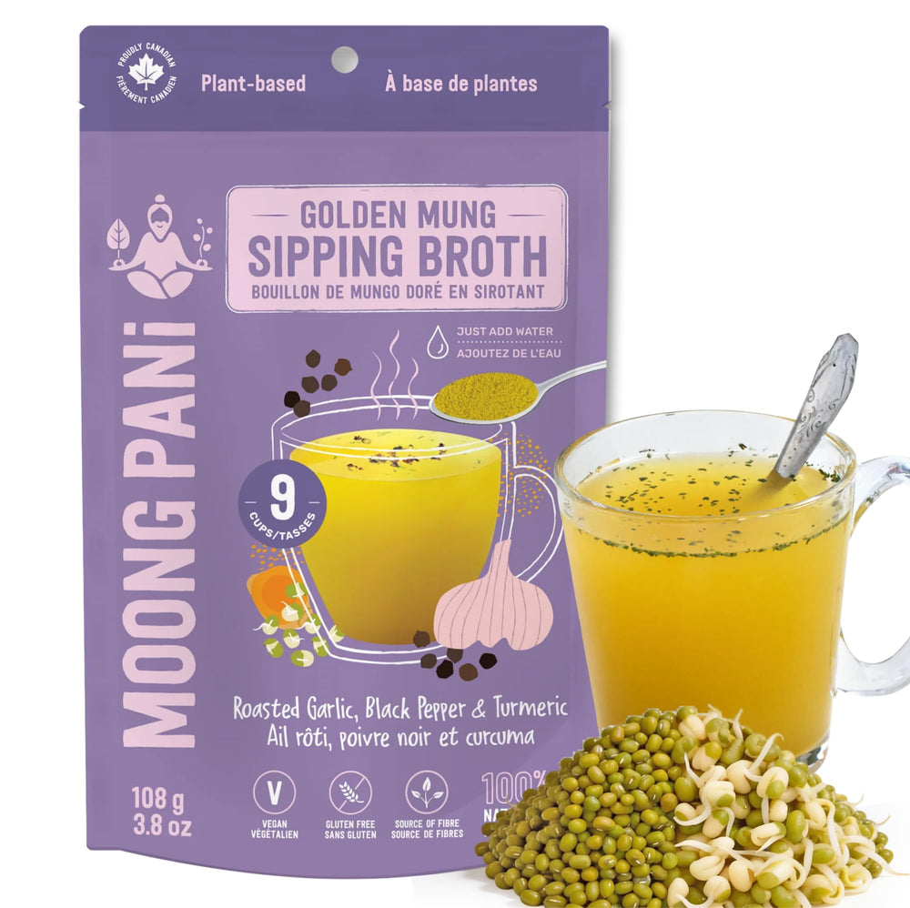 Moong Pani Golden Mung Broth jar – convenient vegan broth base for quick meals.