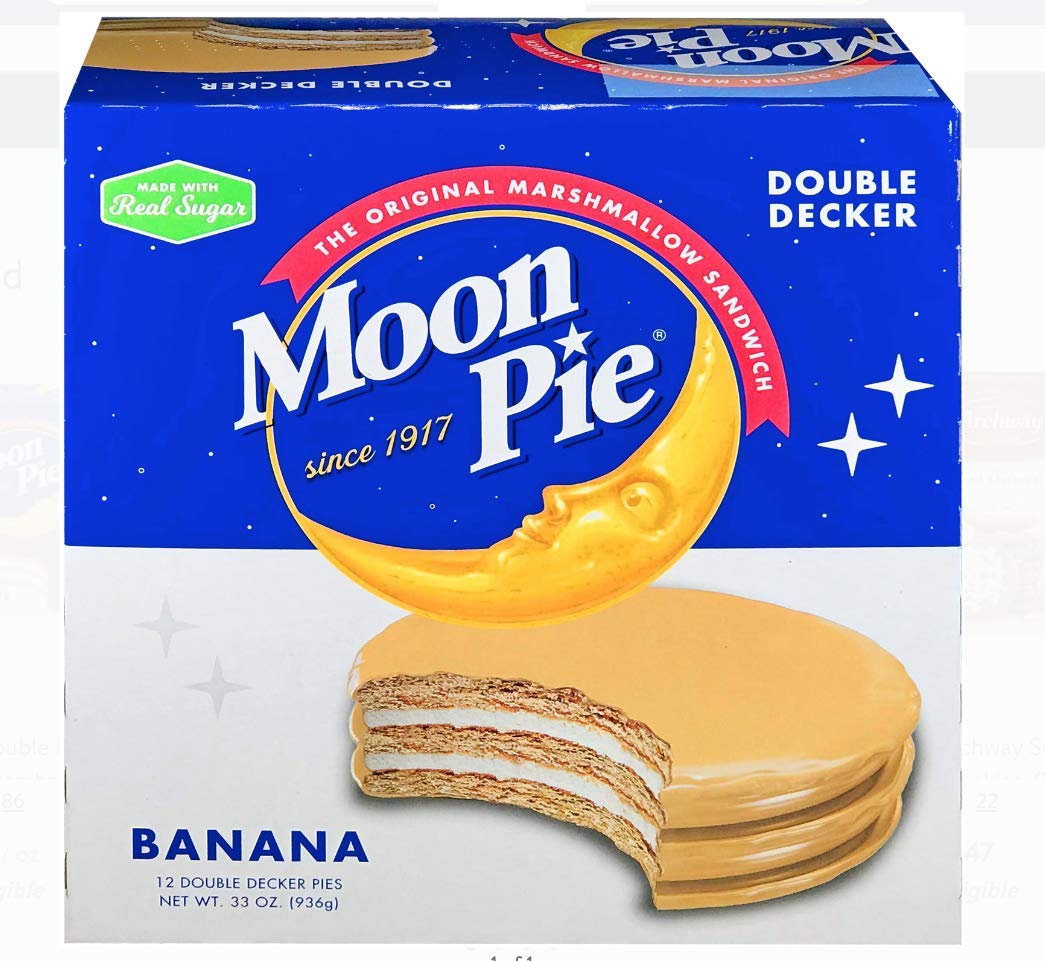 MoonPie Double Decker Banana cross-section, revealing banana creme and cookies.