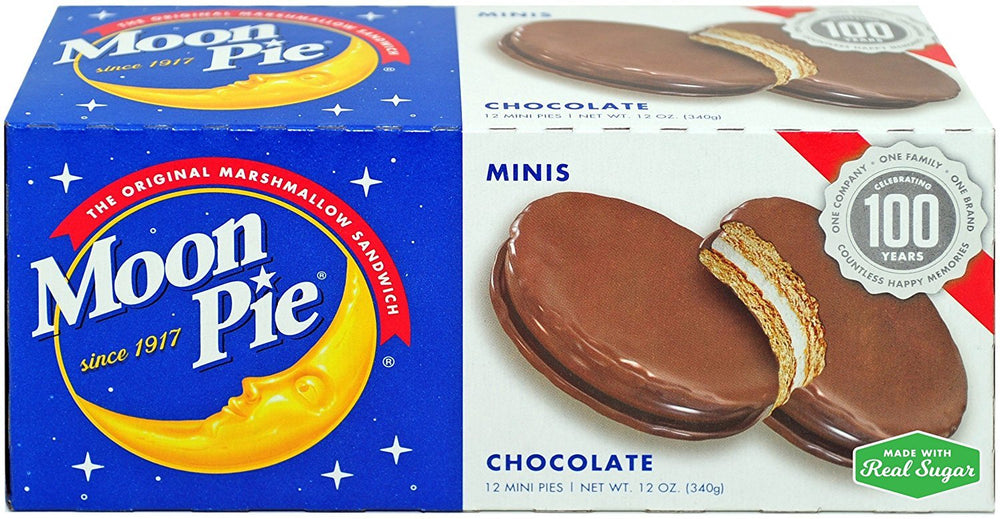 Moon Pie marshmallow sandwich minis with chocolate coating, ideal for lunchboxes.