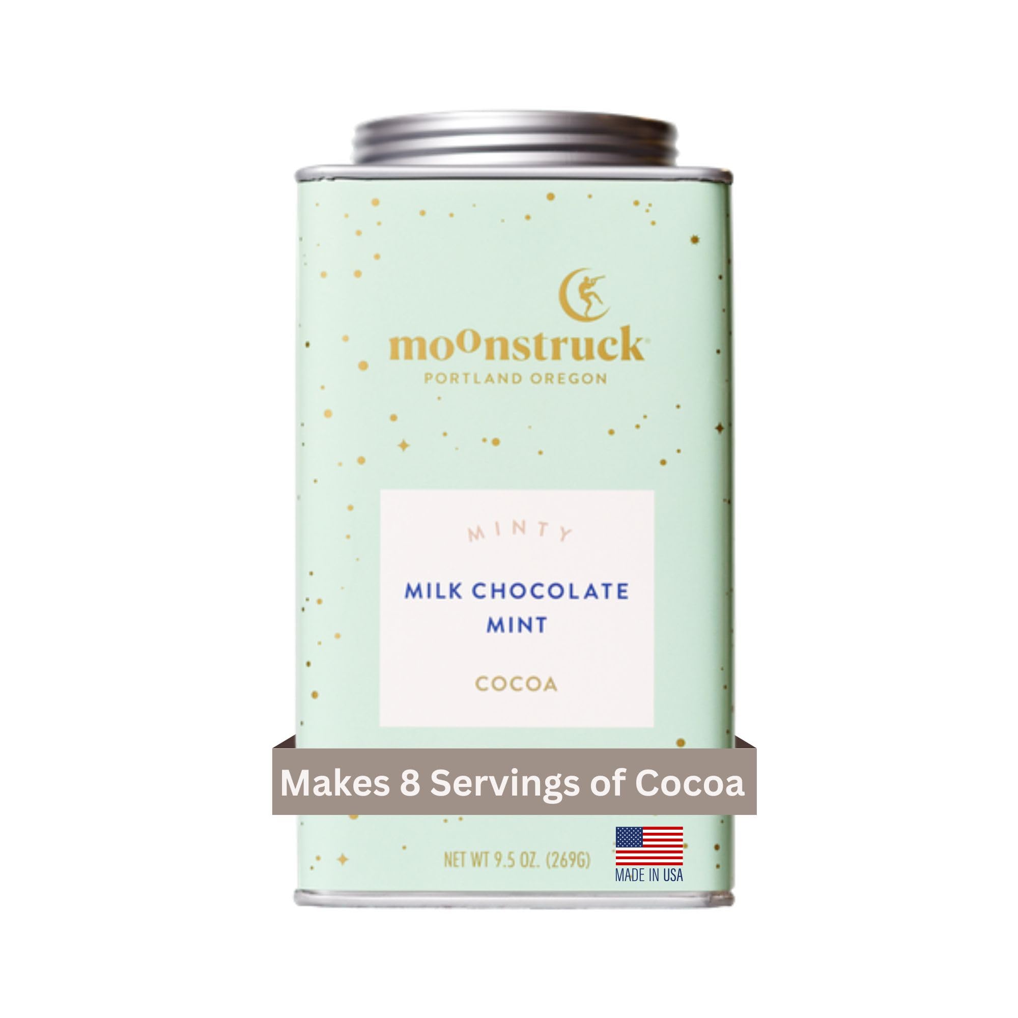 Moonstruck Mint Chocolate Hot Cocoa Mix in a tin, dairy-free and comforting.
