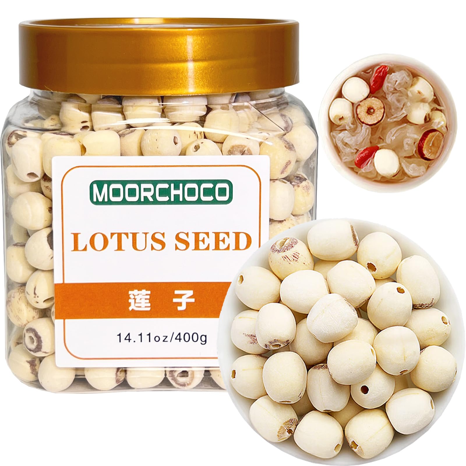 MOORCHOCO dried lotus seeds packaging, ideal for soups and traditional brews.