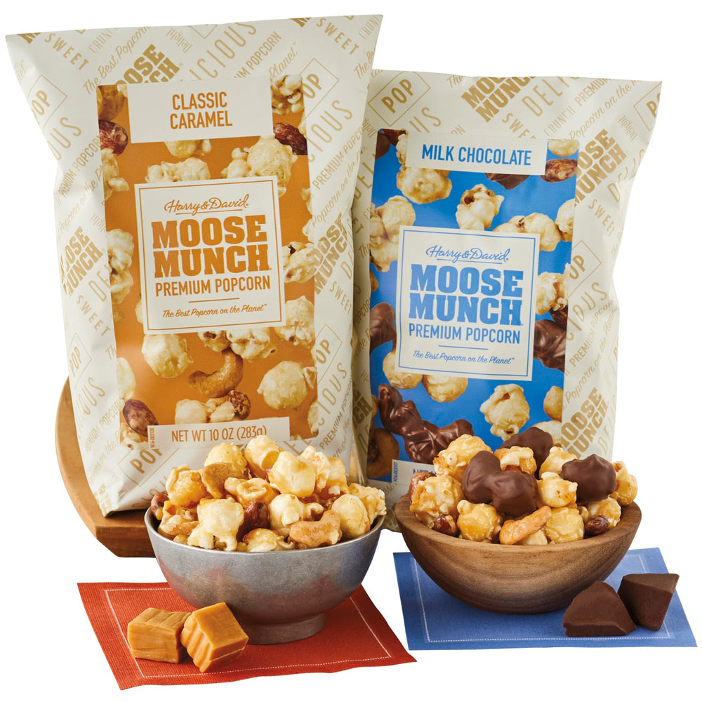 Moose Munch Premium Popcorn Duo with two bags, ideal as a delightful gift.