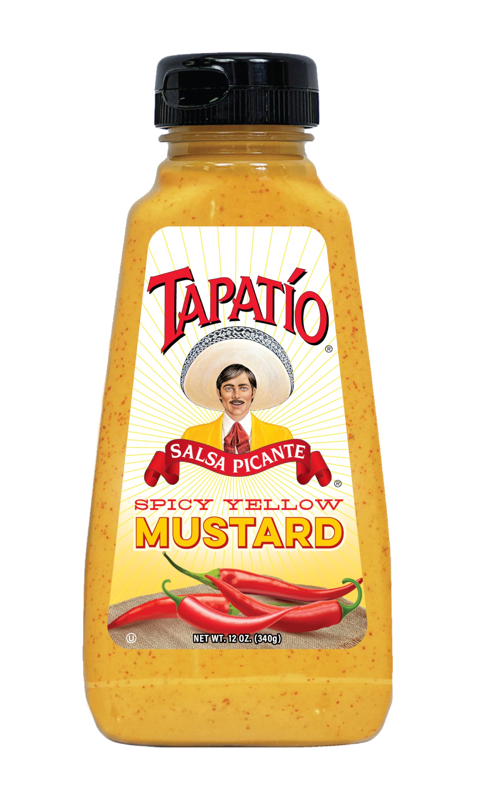 Morehouse Tapatio spicy yellow mustard bottle pour highlights bold, zesty flavor