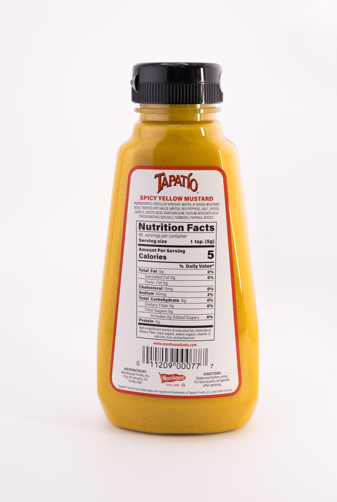 Morehouse Tapatio spicy yellow mustard squeeze bottle close-up for precise application