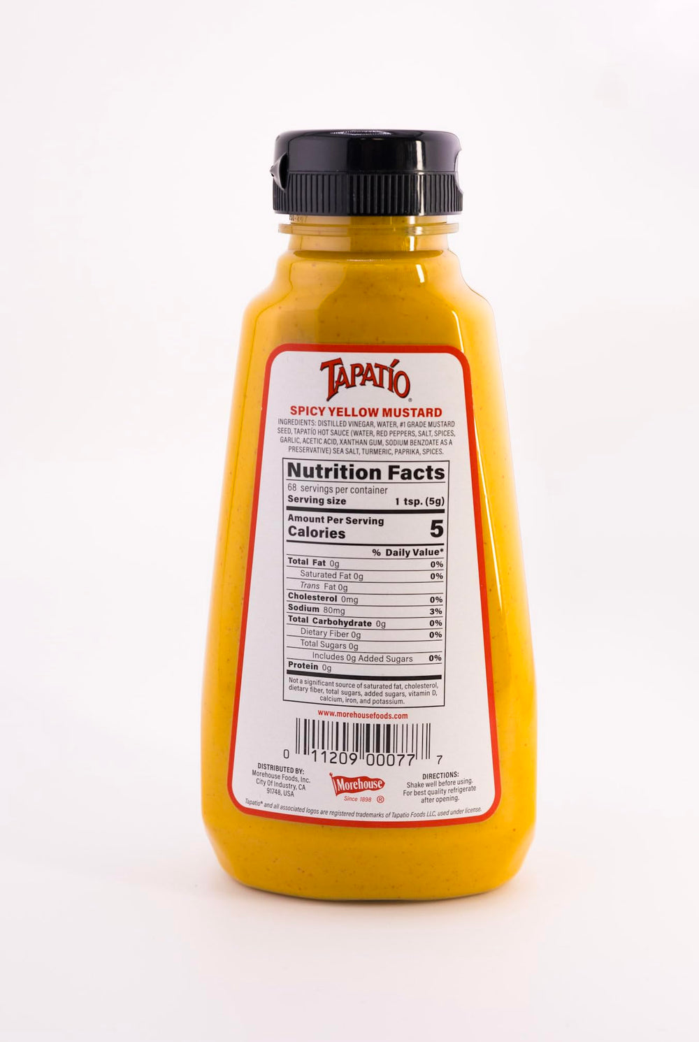 Morehouse Tapatio spicy yellow mustard squeeze bottle close-up for precise application