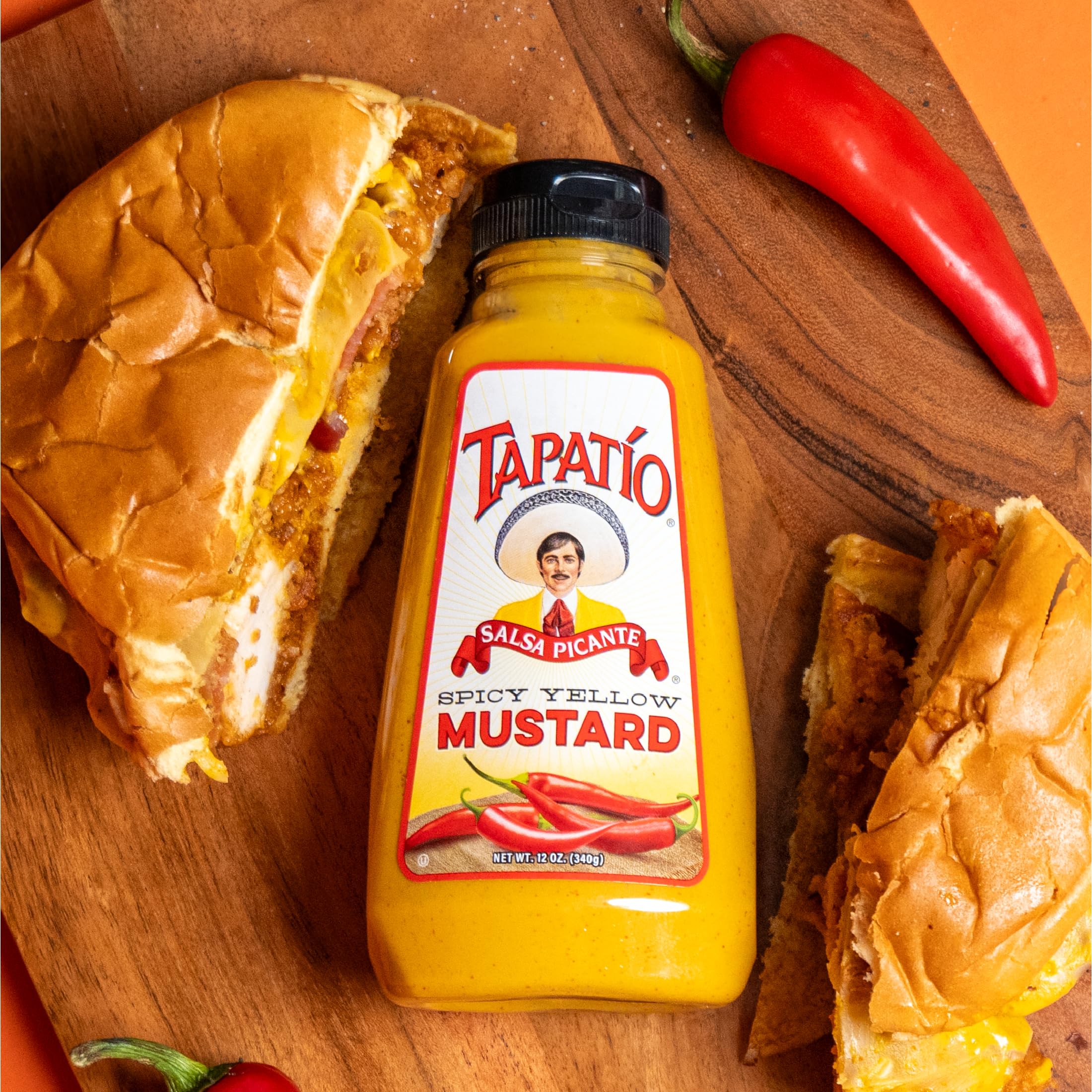 Morehouse Tapatio spicy yellow mustard used as a glaze or dip