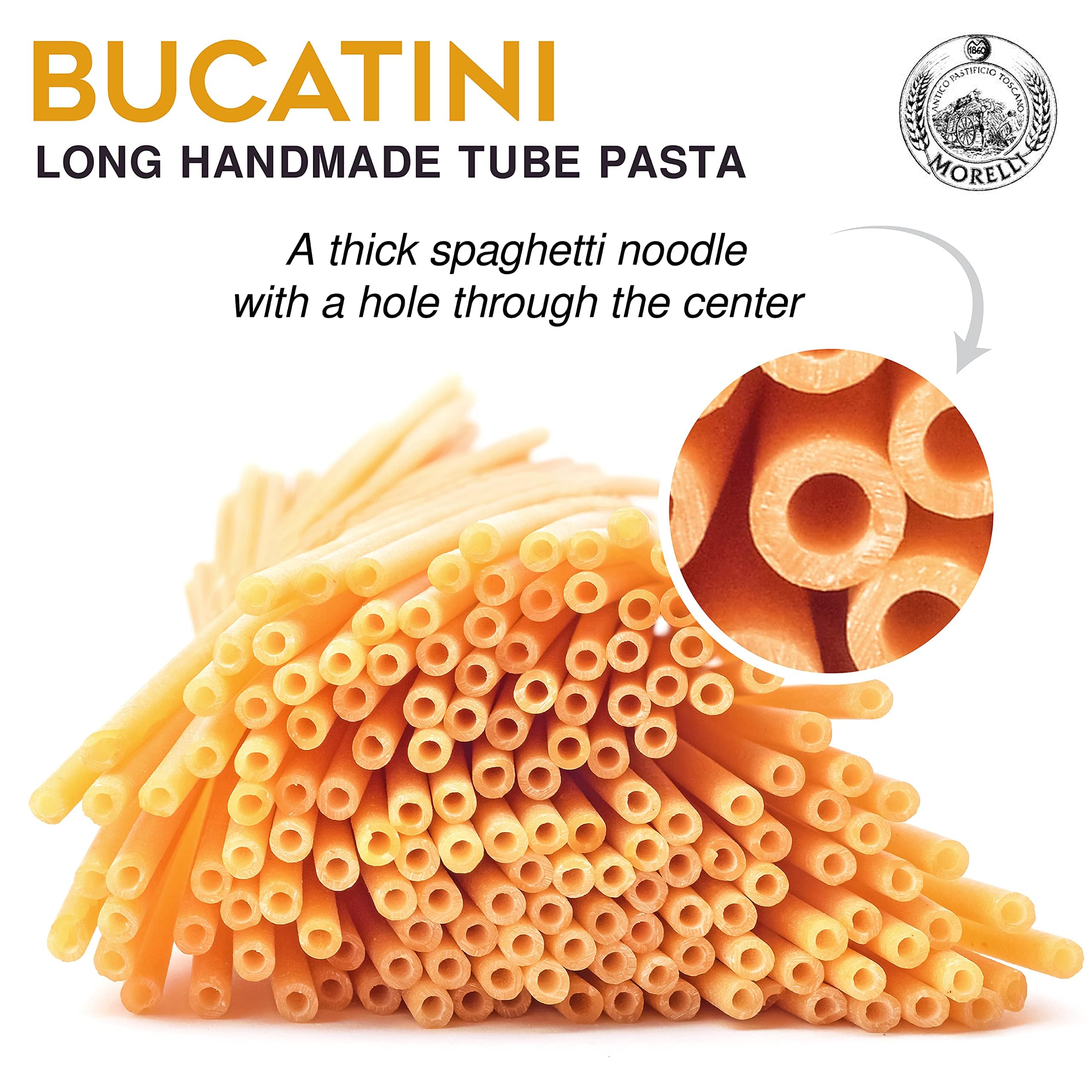 Handcrafted Morelli bucatini noodles highlighting artisanal texture