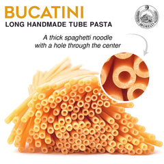 Handcrafted Morelli bucatini noodles highlighting artisanal texture