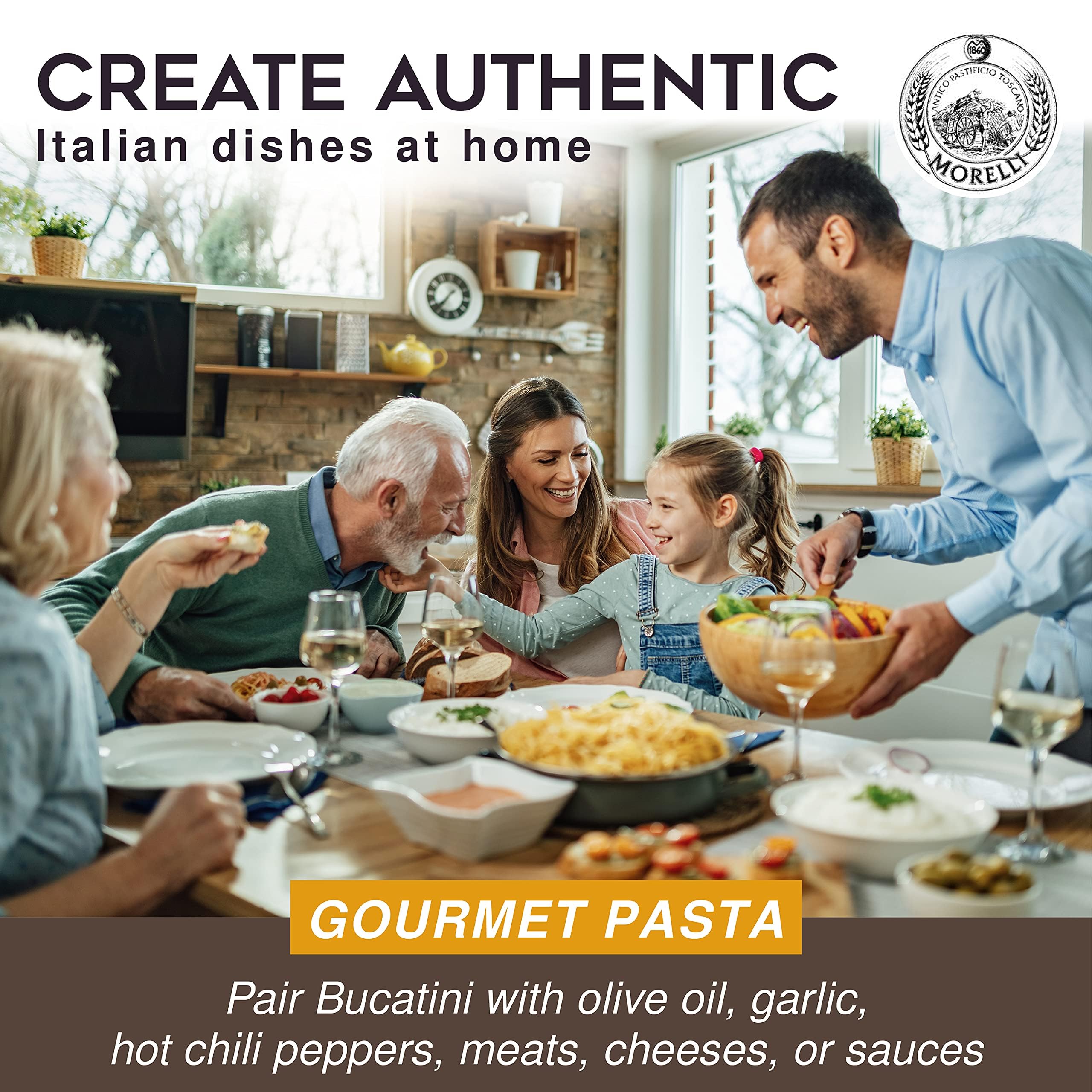 Organic durum wheat ingredients label on Morelli Bucatini packaging