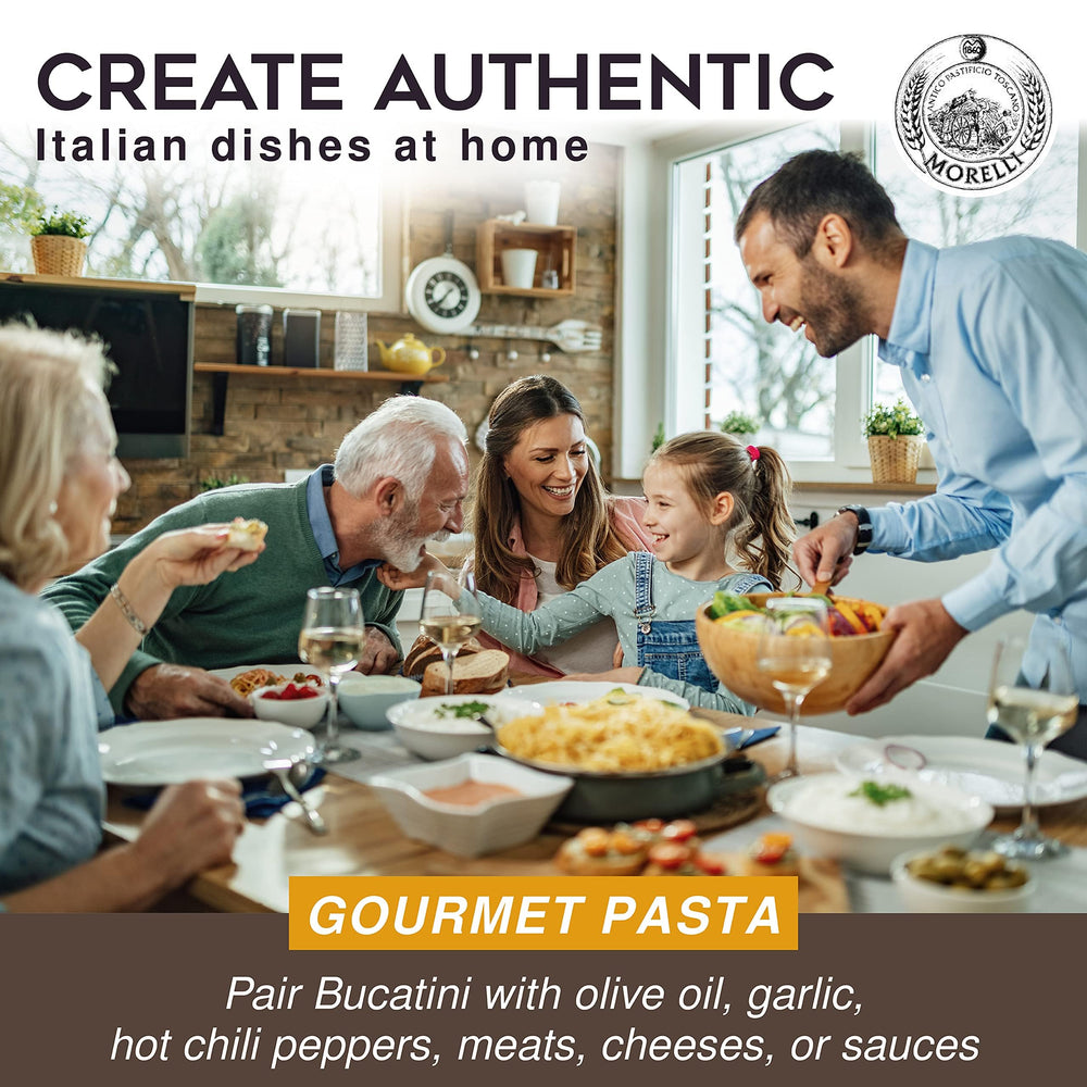 Organic durum wheat ingredients label on Morelli Bucatini packaging