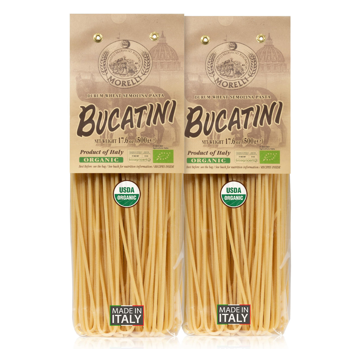 Morelli Bucatini two-pack in premium packaging for easy weeknight meals