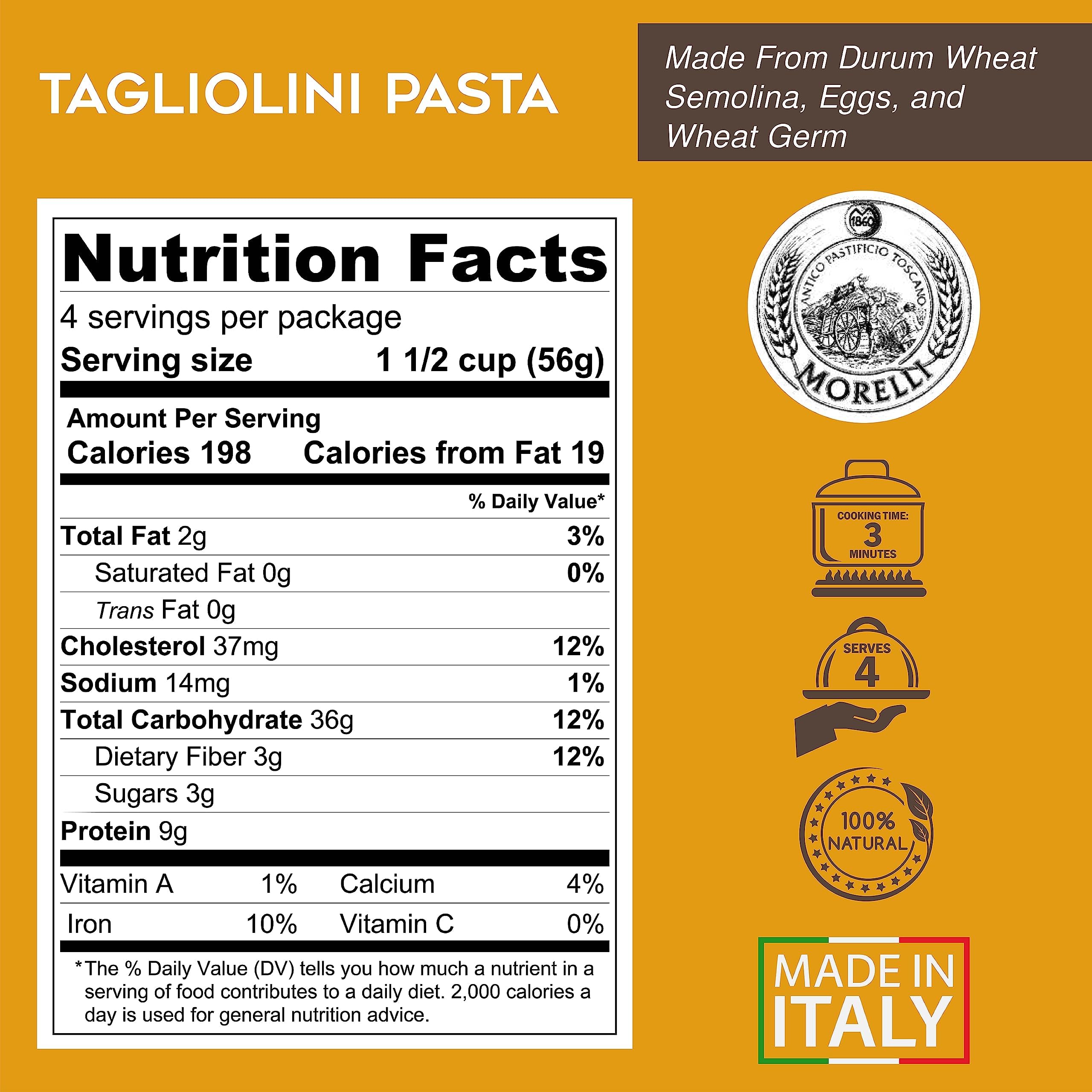 Morelli Egg Tagliolini dried pasta close-up emphasizes durum wheat semolina quality.