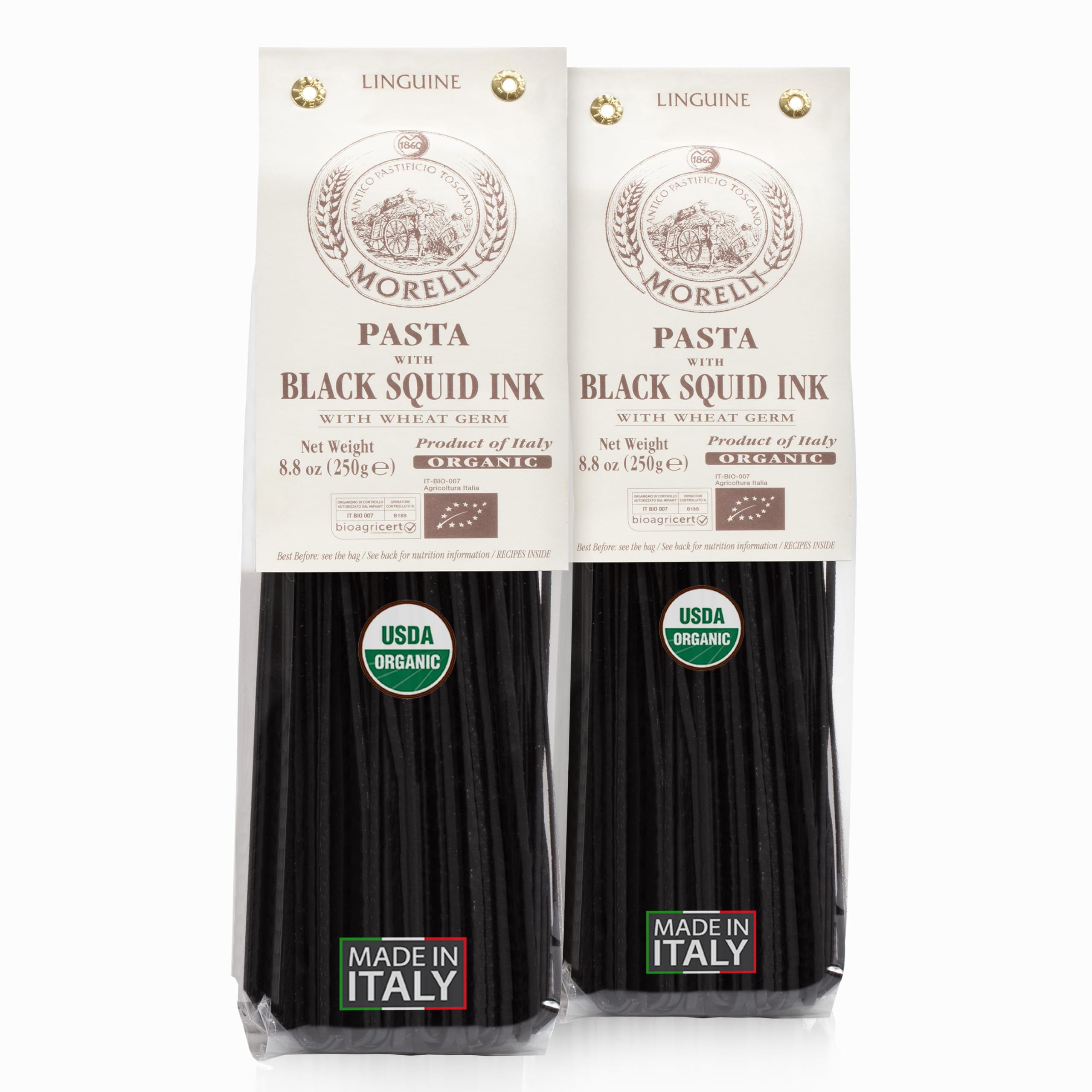 Morelli squid ink pasta linguine pack showing dramatic black color ideal for sauces