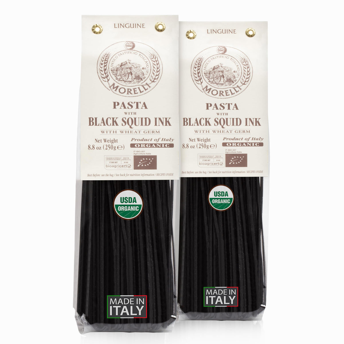 Morelli squid ink pasta linguine pack showing dramatic black color ideal for sauces