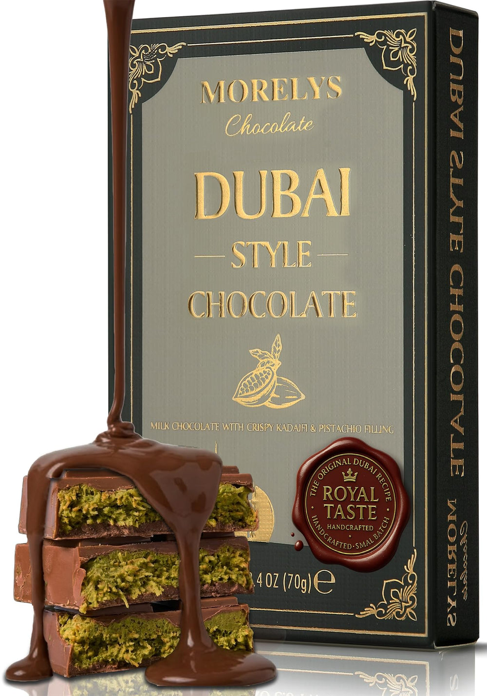 Morelys Dubai-style chocolate pistachio knafeh bar on a premium surface, gourmet dessert experience.