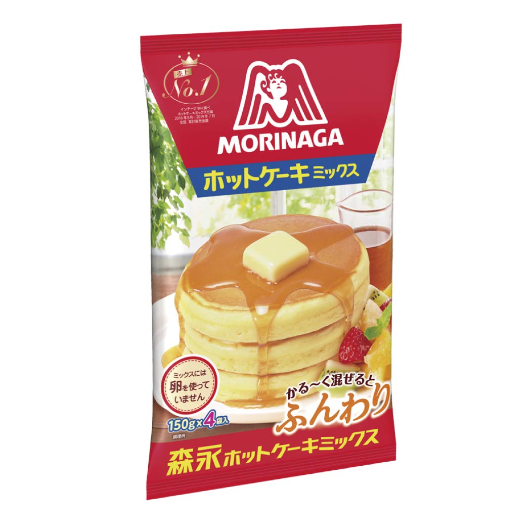 Morinaga Hotcake Mix box and bowl pouring batter for fluffy pancakes.