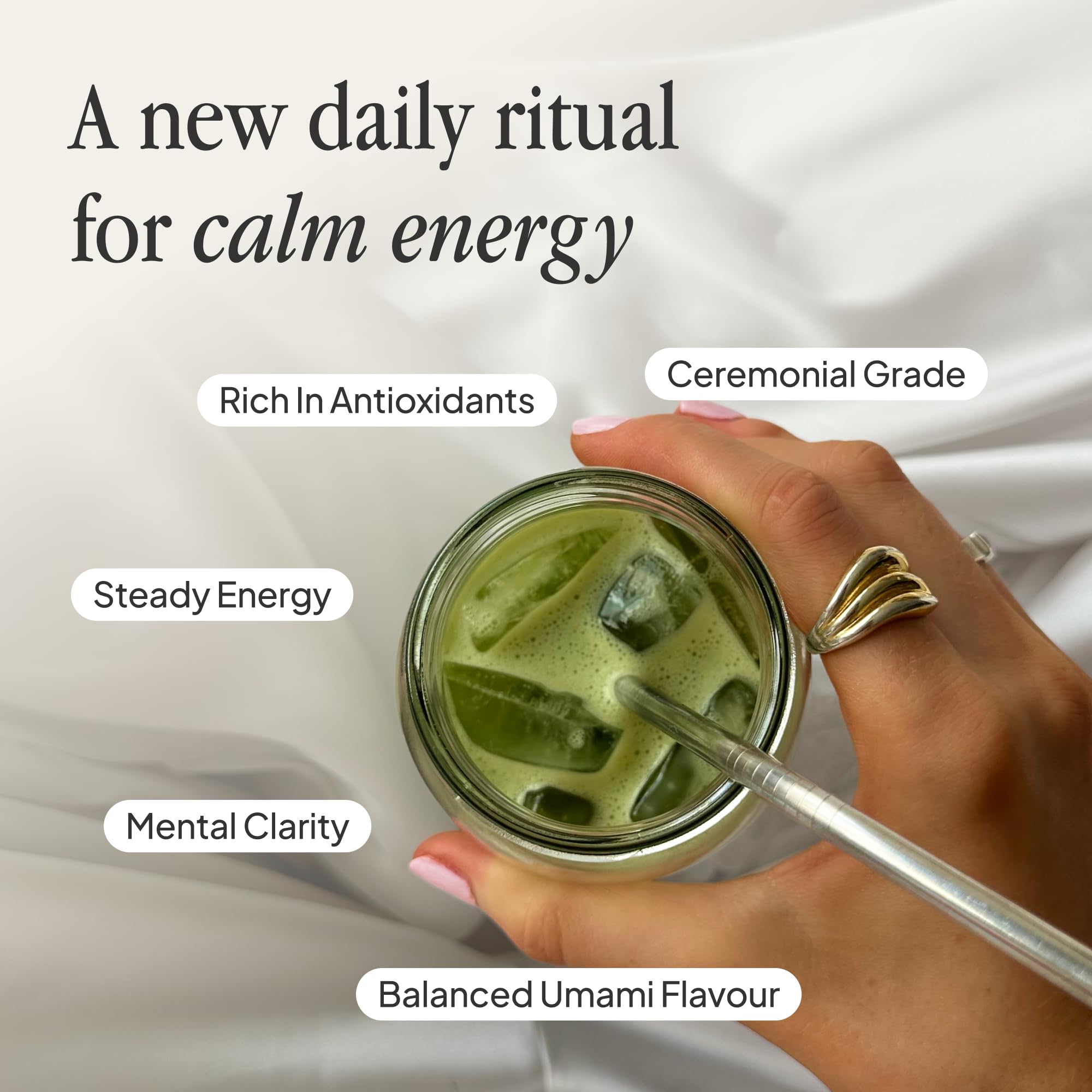 Morning Made matcha cup with steam ready for calm focus and energy