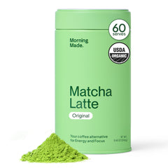 Morning Made original matcha tin closeup highlighting premium packaging and freshness